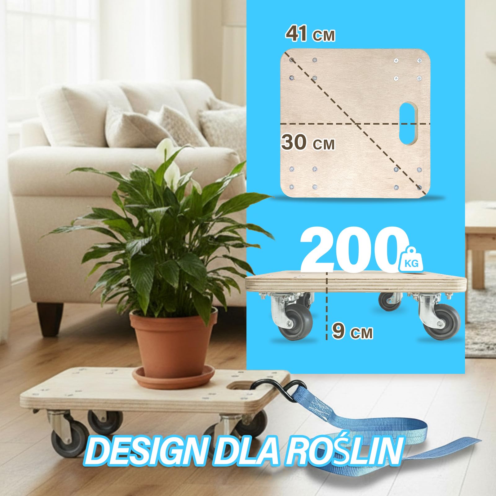 Drewniana Podstawka na Rośliny z Sznurkiem i Hakiem | Platforma 30×30 cm, 1,8 cm Grubości | Udźwig 200 kg | Ciche Kółka 360° | Uchwyt, Bez Montażu