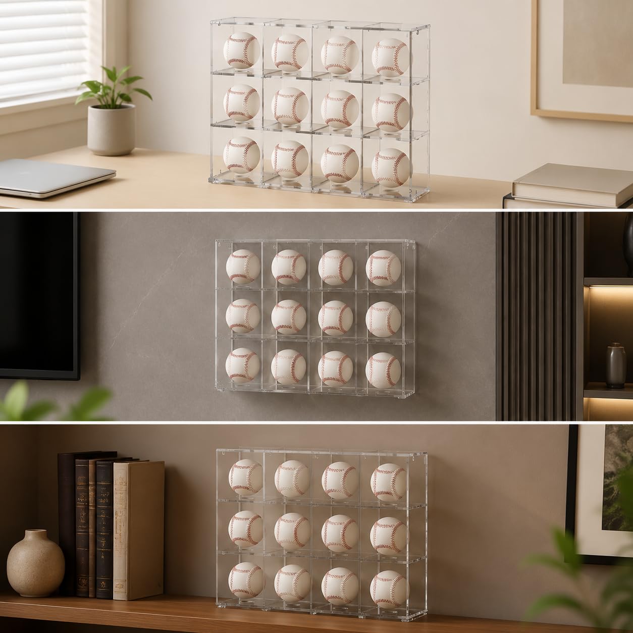 Vitrina Pared para coleccionables acrílica, Caja Almacenamiento a Prueba Polvo para Pelotas béisbol, para Mostrar , 12 Compartimentos (340x95x280 mm)