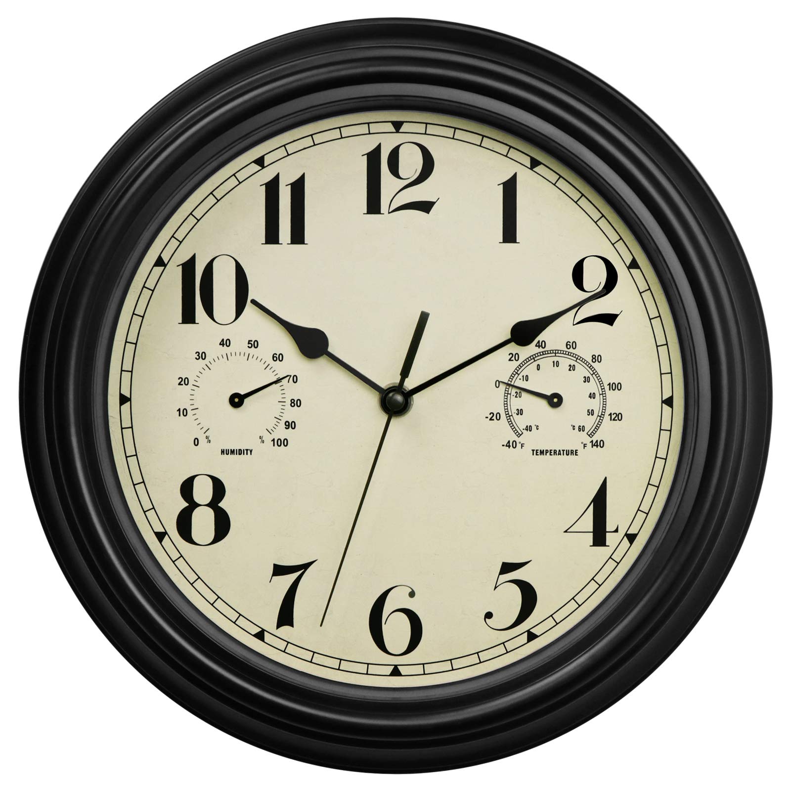 Foxtop Indoor Outdoor Waterproof Wall Clock with Thermometer and Hygrometer Combo, 12 inch Retro Silent Non-Ticking Battery Operated Quality Quartz Round Clock for Patio Home Decor (Black)