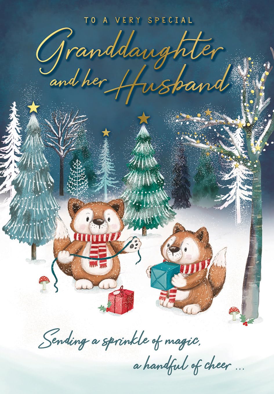 Christmas Card For a Very Special Granddaughter & Husband Cute Foxes - 9 x 6 inches - Piccadilly Greetings