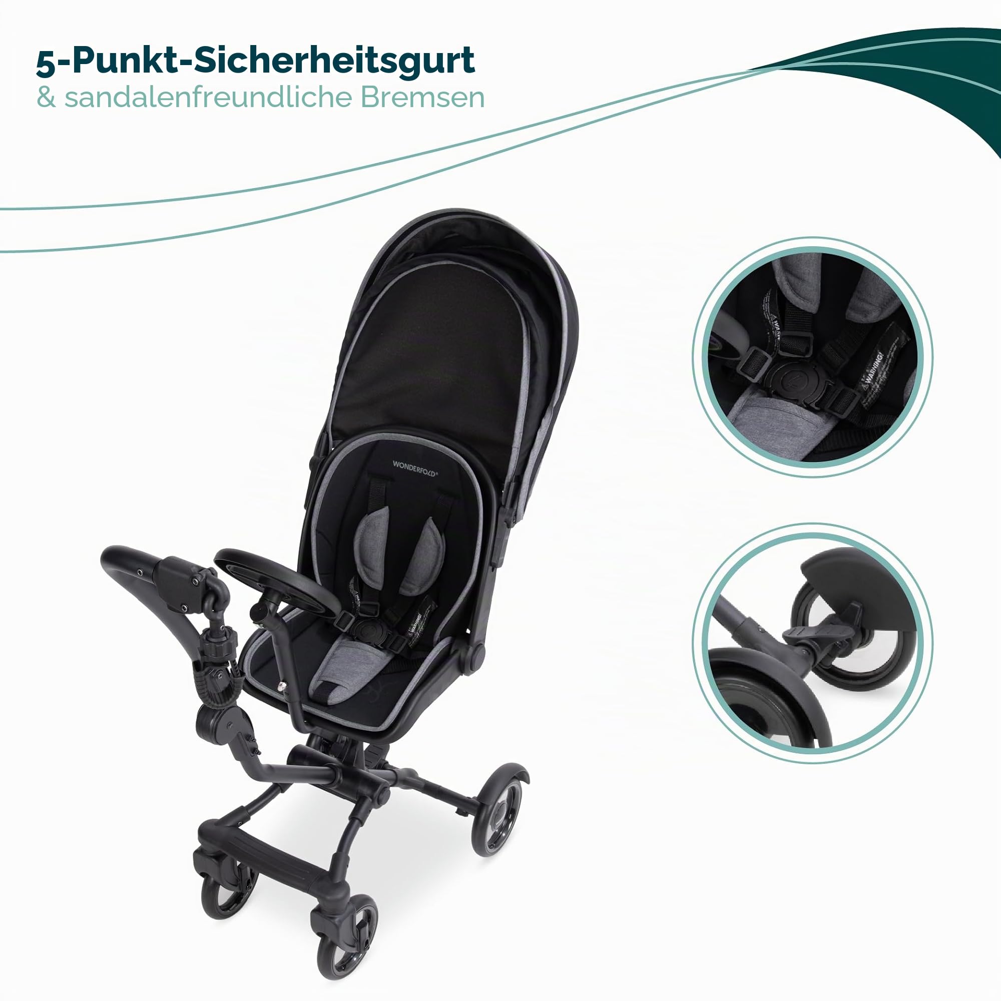 Wonderfold Buddy Rider Kinderwagen, faltbar, leichtes Design, verstellbarer Baldachin, Aufbewahrungskorb, Schwarz, 74,9x38,9x32,5 cm