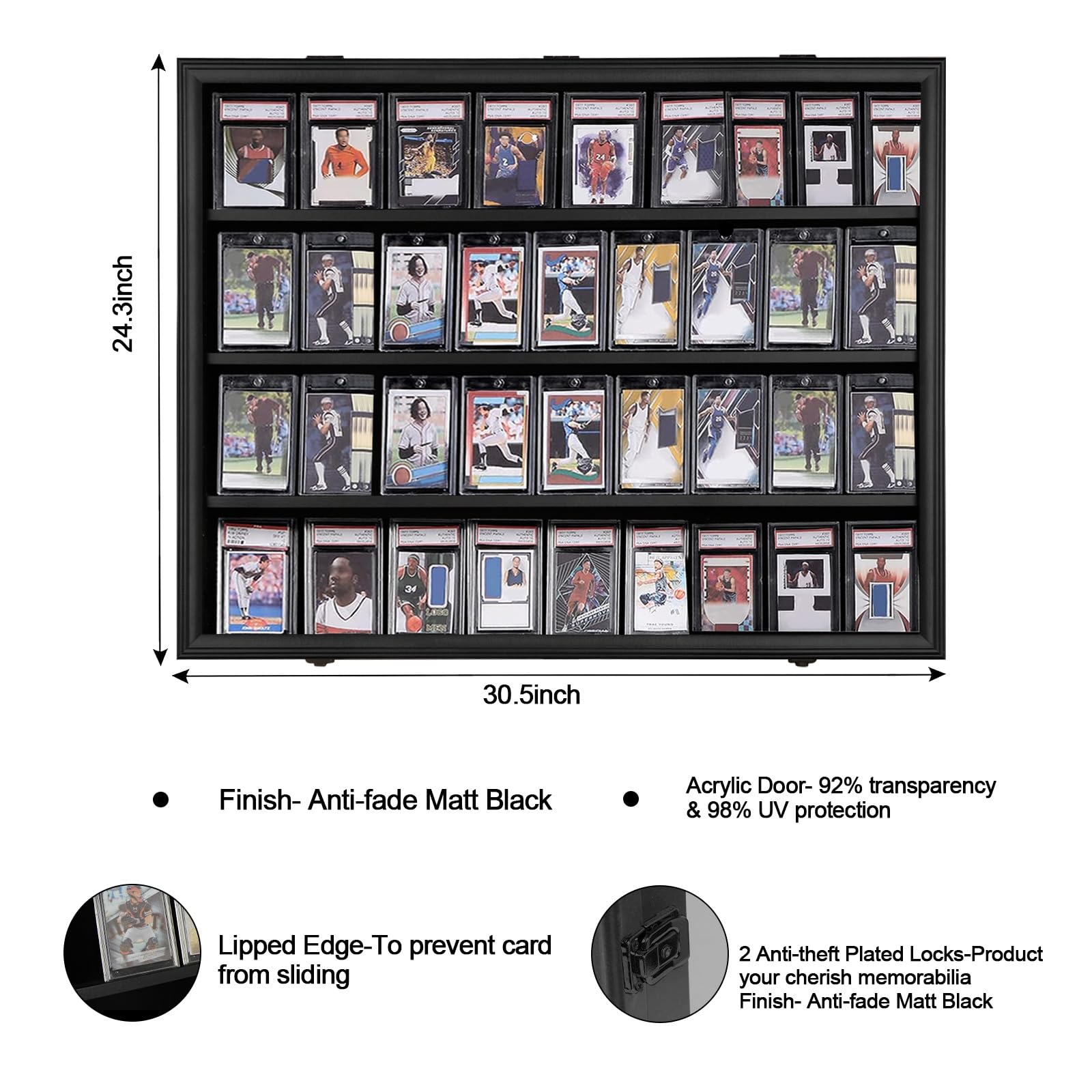 IHEIPYE 36 Graded Sports Card Display Frame - Baseball, Basketball, Football, Hockey Card Display Case - Lockable, 98% UV Protection Acrylic, Black