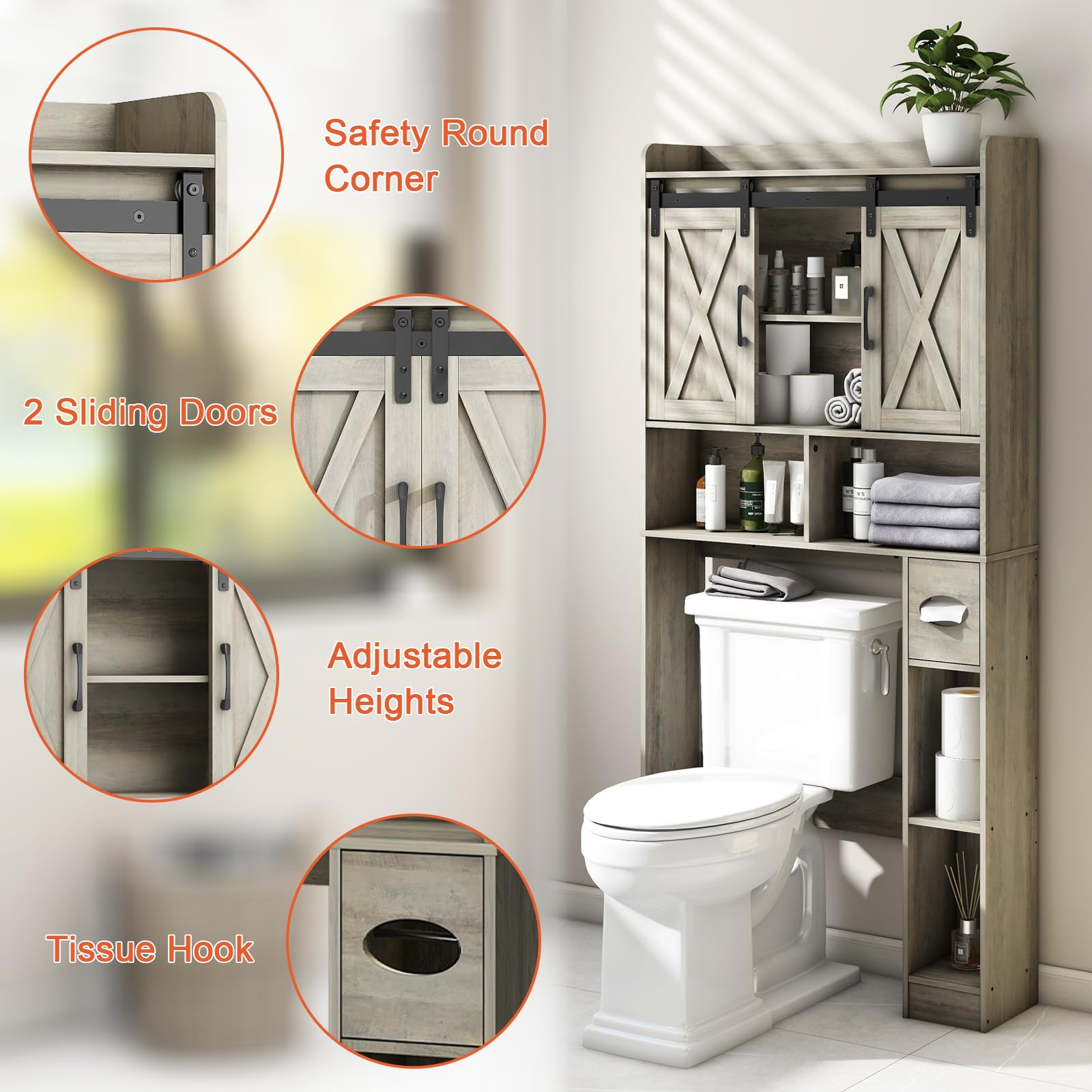 Vabches Over The Toilet Storage Cabinet, Farmhouse Storage Cabinet Over Toilet with Barn Door, Home Space-Saving Toilet Rack, for Bathroom, Restroom, Laundry（Black）.: Grey Sliding Doors