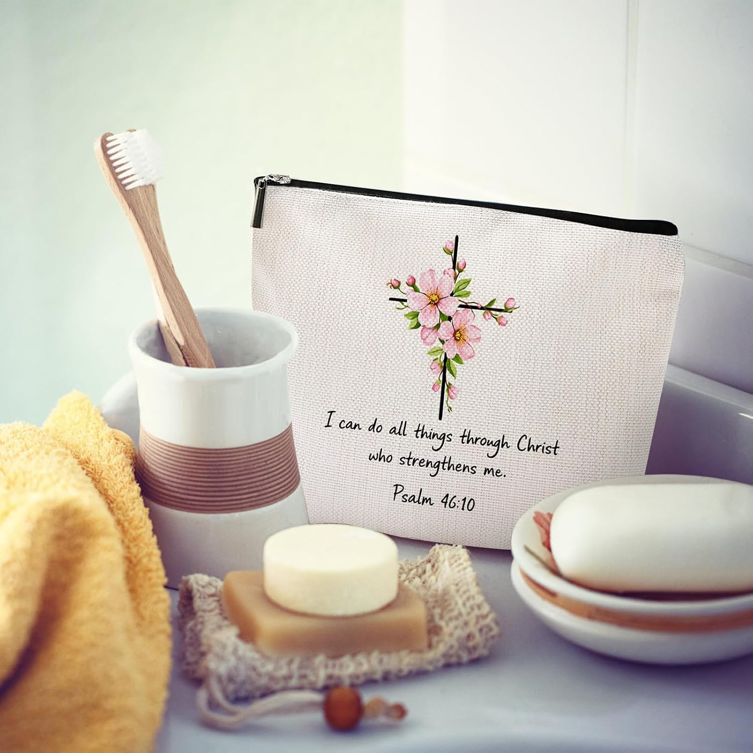 Christian Makeup Bag with Floral Cross Bible Verse, Inspirational Scripture Cosmetic Bag for Women, Faith Based Zipper Pouch Psalm 46:10