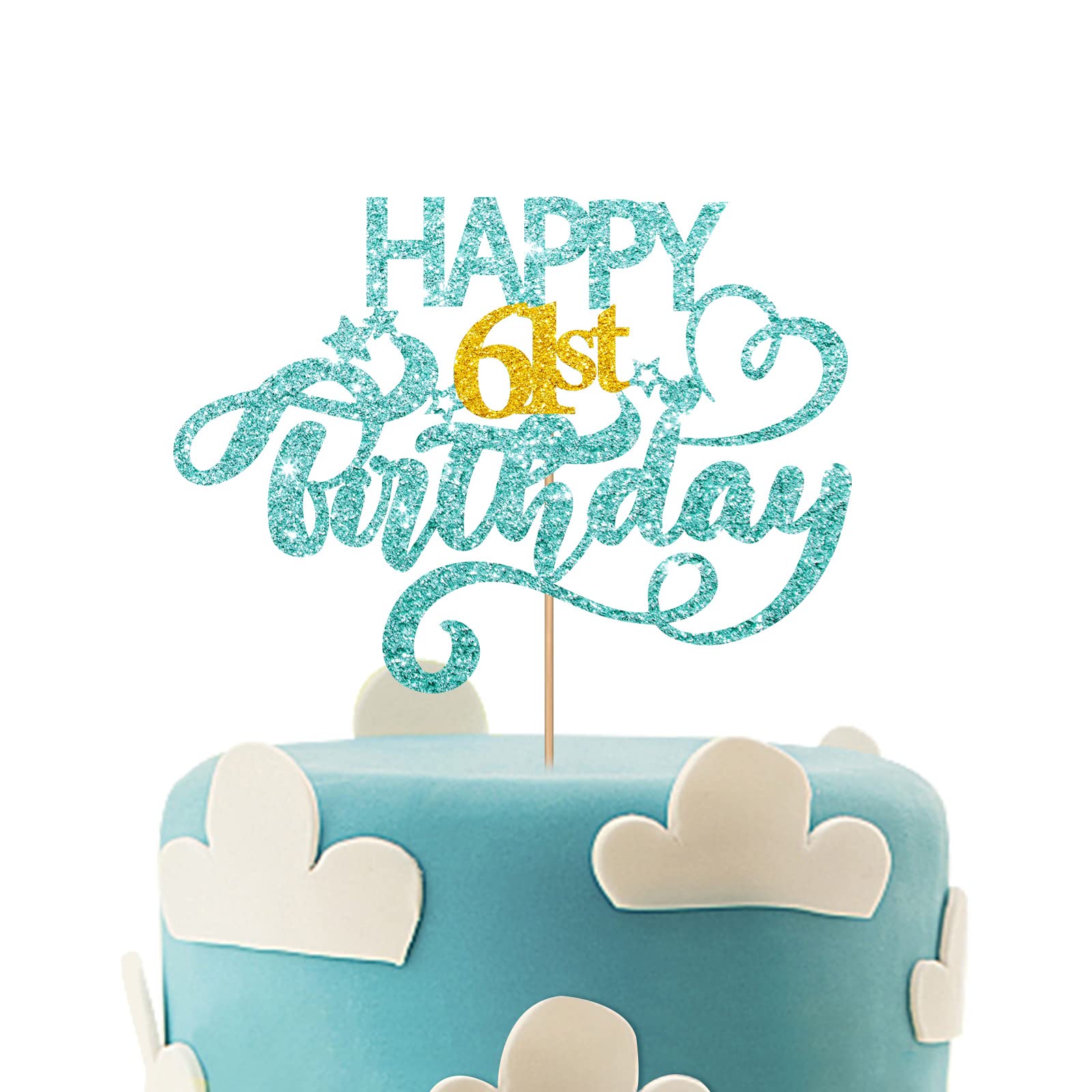 Sky Blue Glitter Happy 61st Birthday Cake Topper, Sixty One Years Old Birthday Party Cake Decor, Gold Number 61 Birthday Party Supplies Decorations for Man or Woman