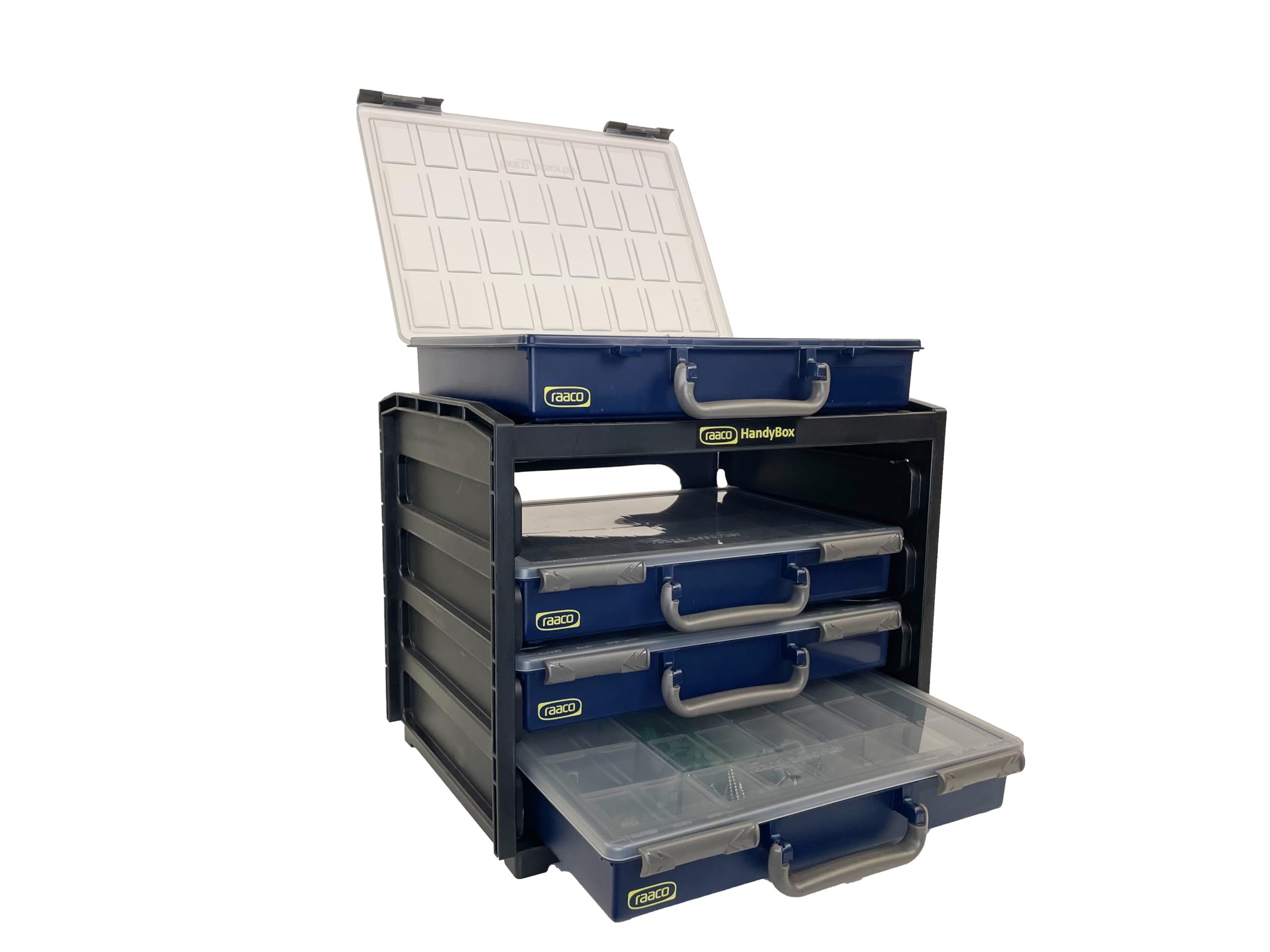 Raaco HandyBox Toolbox Storage & Carrying System – 4 Adjustable Grid Assorters, Durable Polypropylene (PP) Plastic Organizer for Hardware and Small