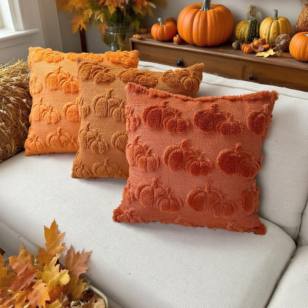 Booque Valley 4 Packs Fall Throw Pillow Covers Soft Plush Faux Fur 3D Embroidery Rust Pumpkin Decorative Pillowcases for Living Room Couch Bed Sofa, 18 x 18 inch, Harvest