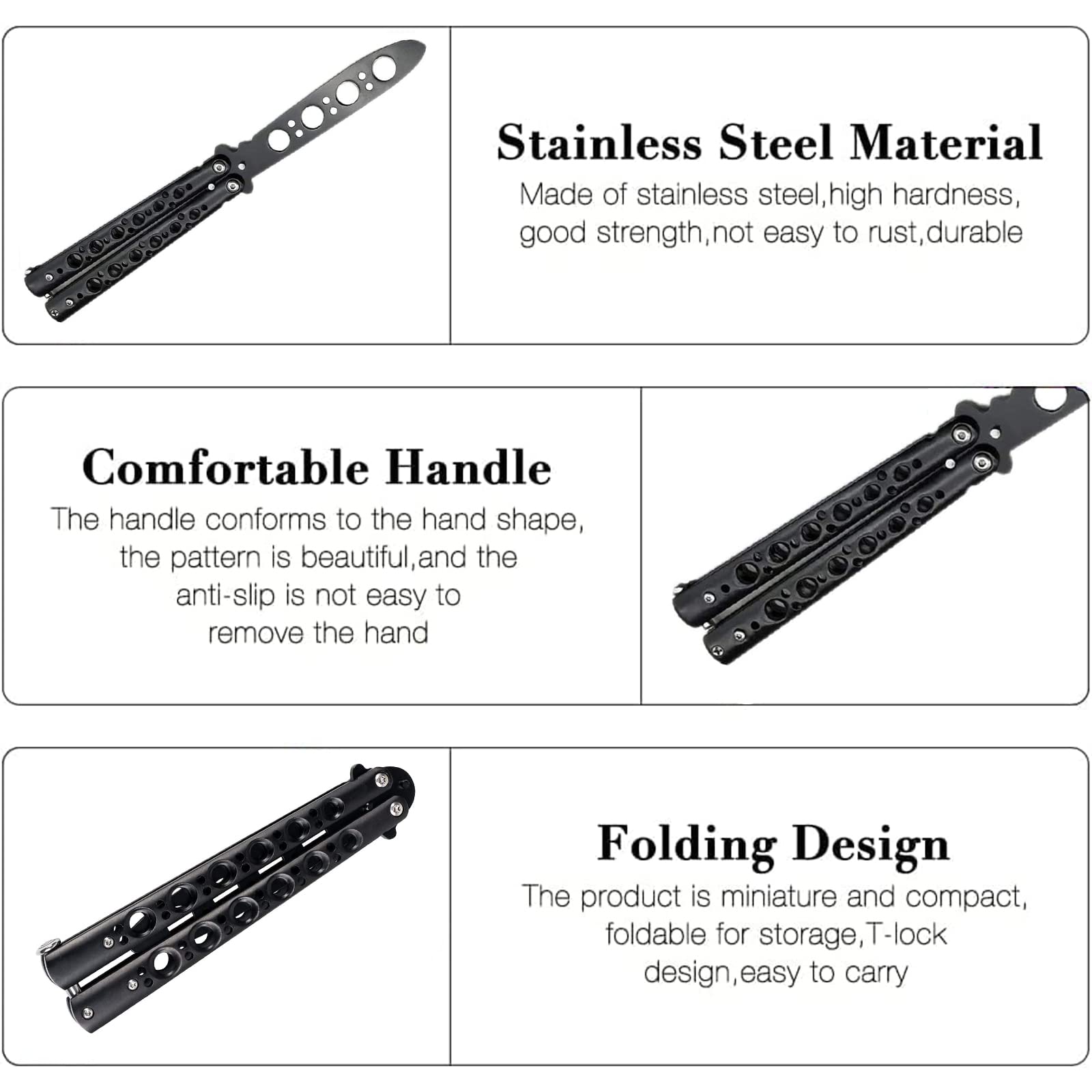 Cuchillo de mariposa de entrenamiento acero inoxidable no afilado (Negro)