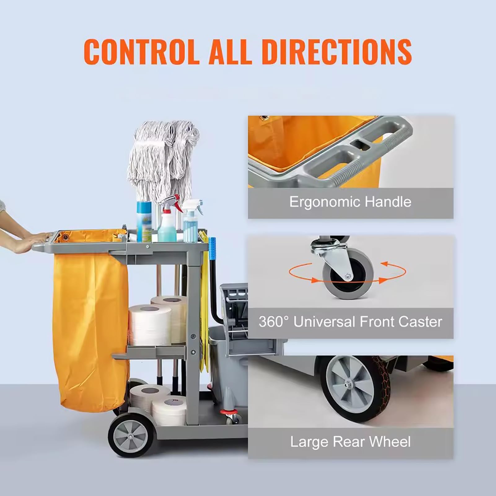 Carrello per Pulizie su Ruote, Carrello Commerciale Tradizionale in plastica a 3 Ripiani con Borsa in Vinile, Colore Grigio.