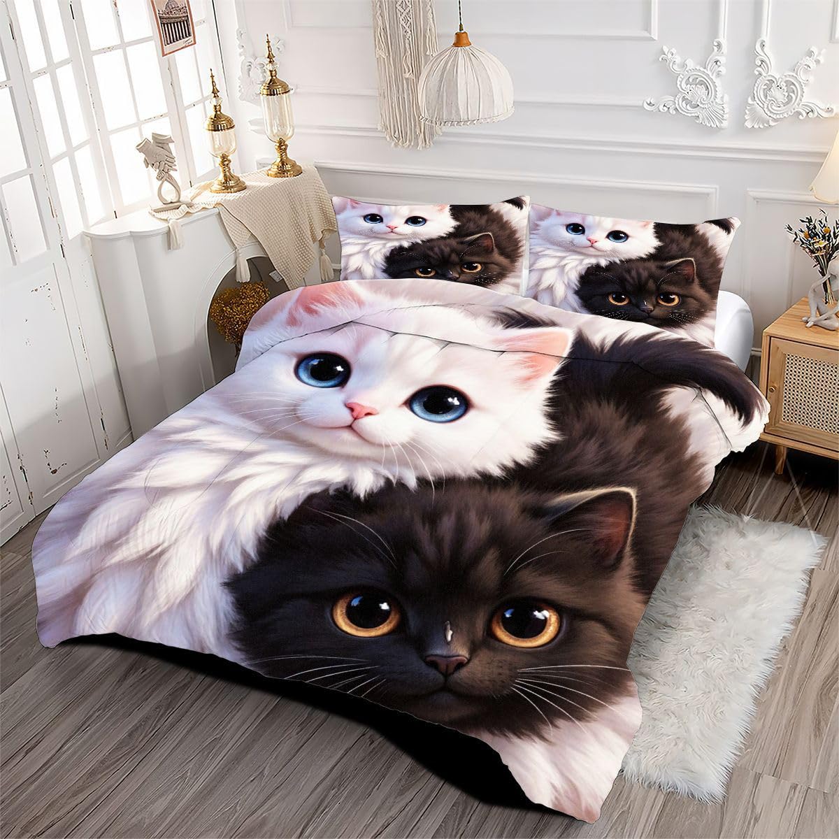 Ensemble Lit Complet 160x200 cm Chat Noir et Blanc, Housse en Microfibre Imprimée et Duvet Coton 4 Saisons, Comprend 2 Taies, Excellence et Qualité Supérieure, Chaud et Respirant N126