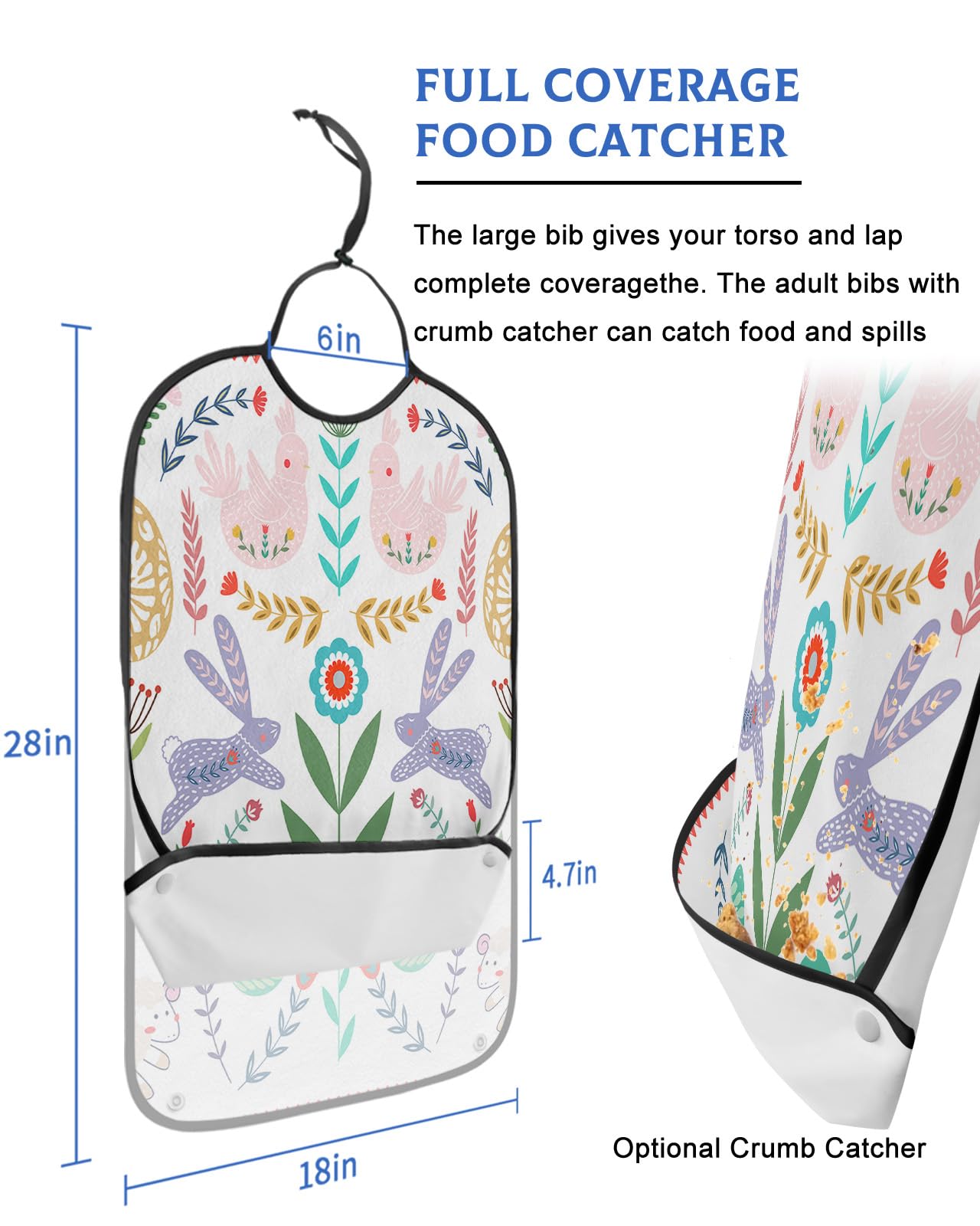 LEOKOTI Spring Easter Floral Adult Bibs for Eating, Waterproof Bibs with Food Catcher & Adjustable Snap Closure, Colorful Eggs Rooster Bunny Sheep Clothing Protectors Adult Bibs for Elderly Women/Men