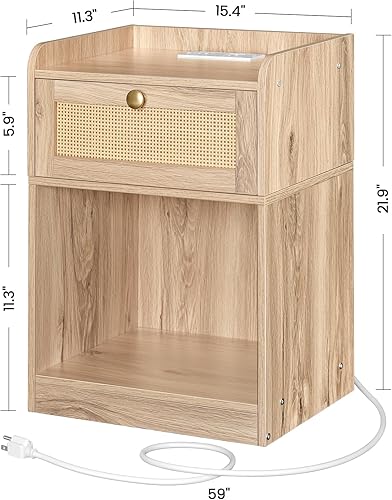 Miniatura 2 de Mesita de noche con estación de carga, mesa auxiliar con cajón estilo ratán y estante de almacenamiento, moderna mesita de noche de ratán con 2