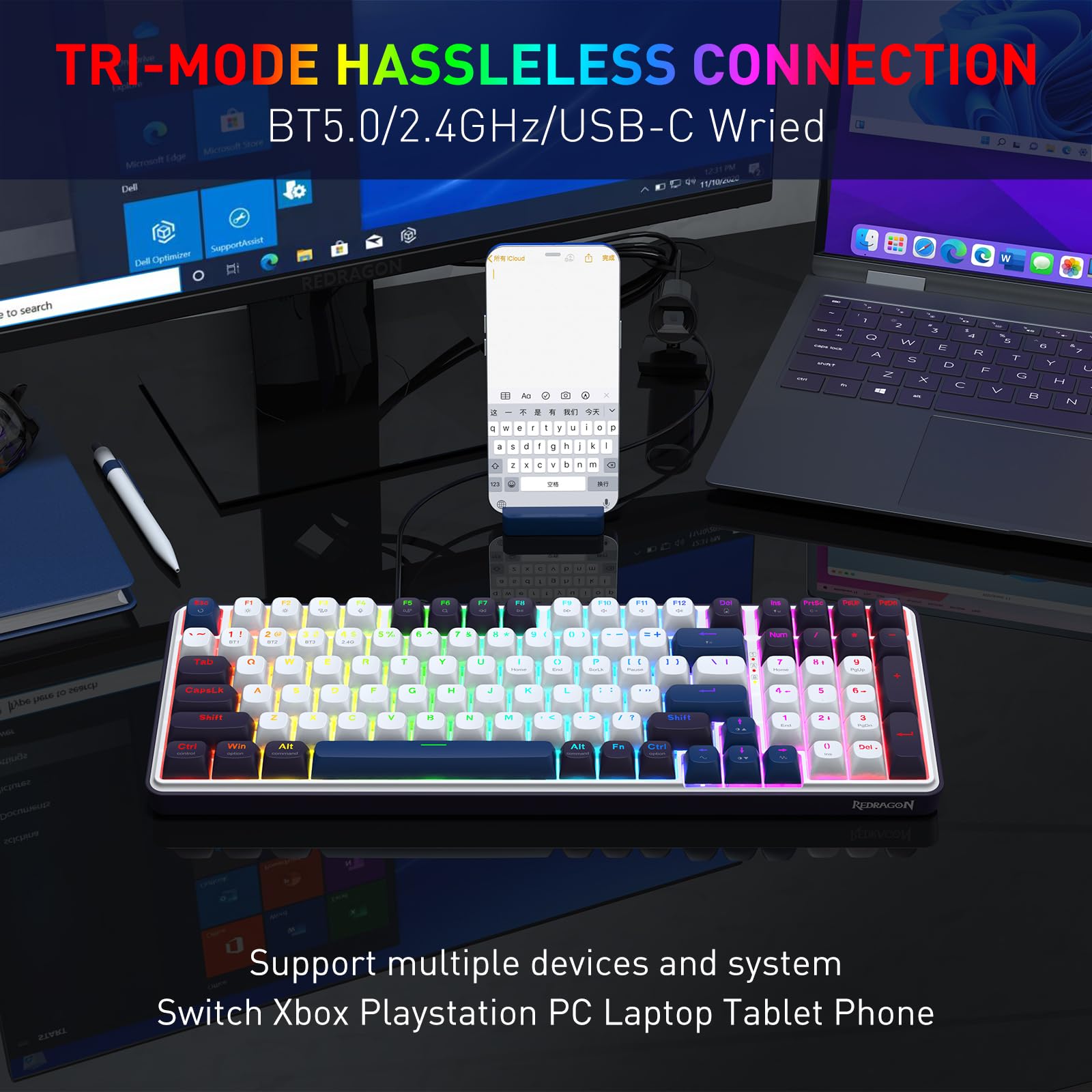Redragon K744 PRO Tastiera Wireless 99 Tasti 3 Modalità Hot-Swap | tastiera gioco wireless RGB 99 tasti meccanica 3 modalità hot-swap tasti PBT 5 strati insonorizzazione interruttore lineare