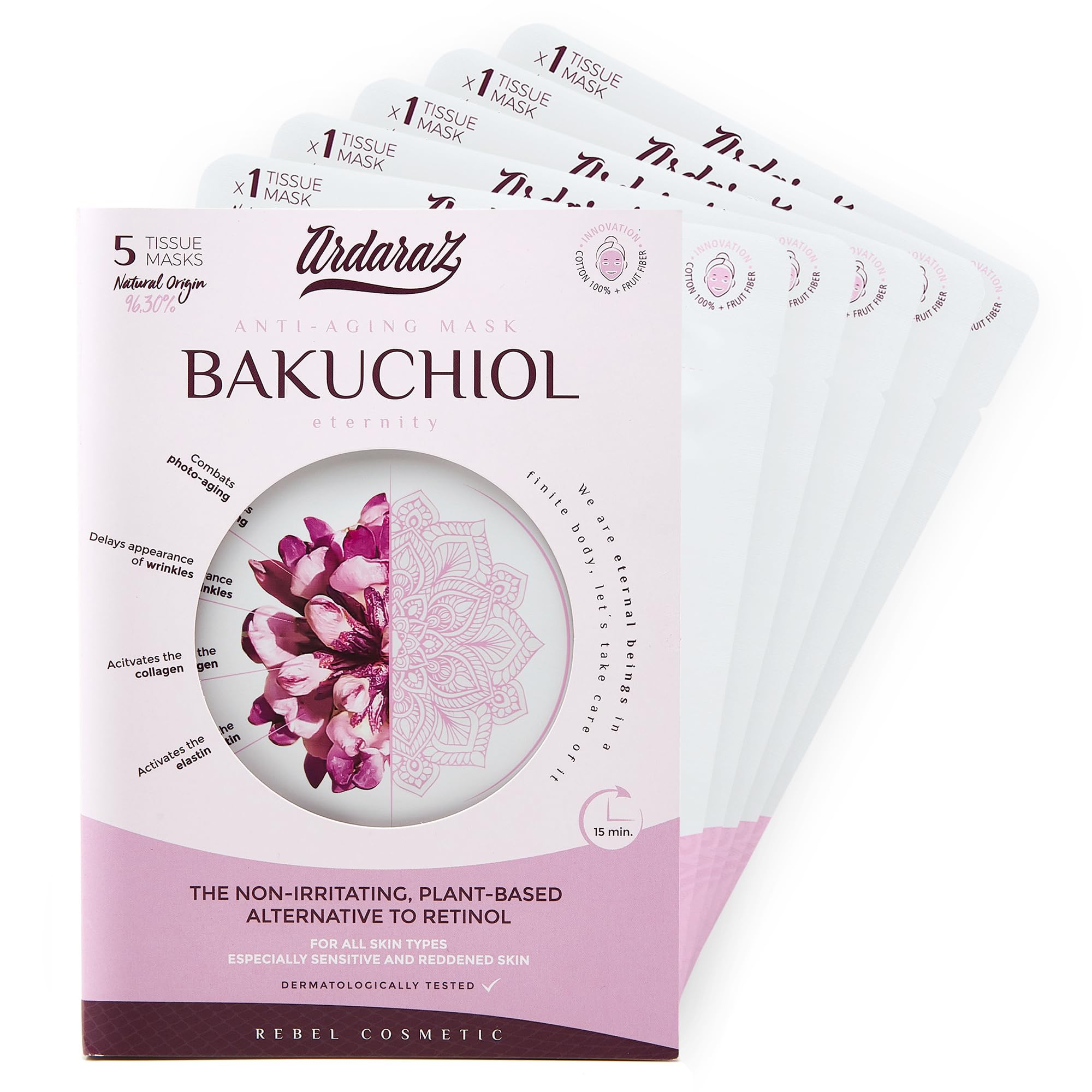 Ardaraz Mascarilla Facial Hidratante Antiarrugas con Bakuchiol, el Retinol Vegetal, y Acido Hialuronico. Mascarillas Para la Cara que Eliminan las Arrrugas y limpian los poros. Pack de 5