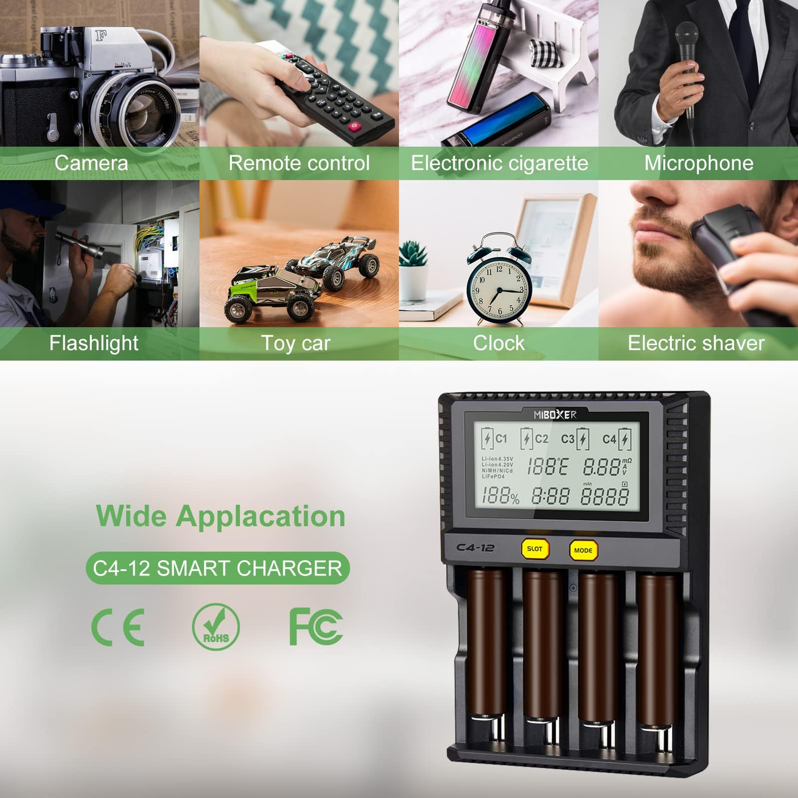 Ładowarka 18650 najszybsza, AUKSKY 3A 4 gniazda szybka ładowarka Wyświetlacz LCD Regulacja temperatury dla baterii AA AAA D 26650 18490 18350 18500 RCR123 Li-ion/IMR/INR/ICR/Ni-MH/Ni-MH/N. i-Cd