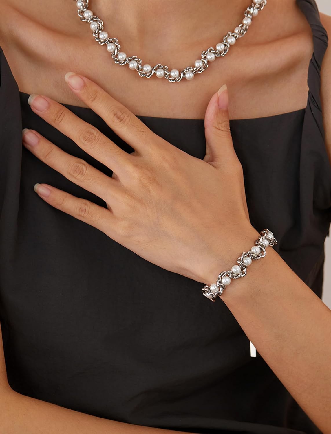 Faux Pearl Chain Bracelet for Women, White Silver Gold Plated Stainless Steel Link Cuff Bridal Wedding Christmas Valentine's Day Mother's Day Anniversary Birthday Jewelry Gifts Box for Her - Image 4