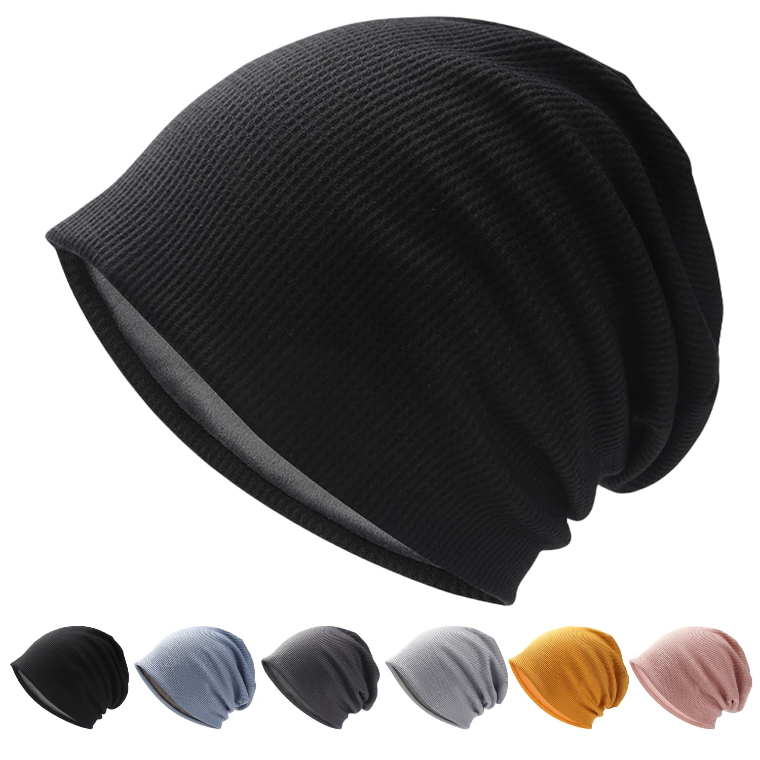 Hsdvdva Men's Knit Hat, Fall Winter Beanie, Warm, Thermal, Fleece Lined, Soft, Beanie, Plain, Skin-friendly, Medical Use, Care Hat, Knit Cap, Outdoor, Skiing, Sports, Running, Unisex Free size Black