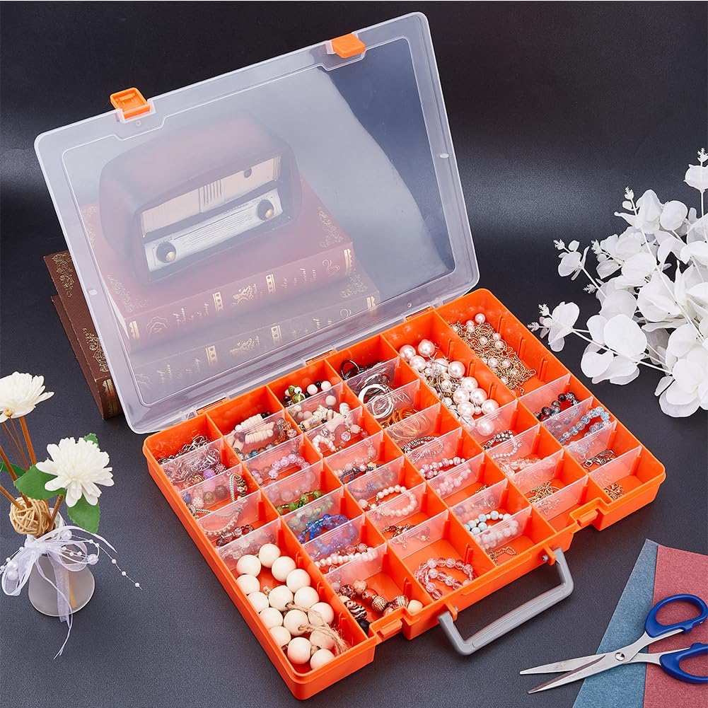Große Aufbewahrungsbox aus Kunststoff mit 48 Fächern, verstellbare Trennwand, orangefarbene Tragetasche für Kosmetik, Bastelbedarf und Zuhause