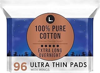 L. Pure Cotton Topsheet Pads for Women, Overnight Pads, Ultra Thin Pads with Wings, Unscented Menstrual Pads, 48 Count x 2 Packs (96 Count Total)