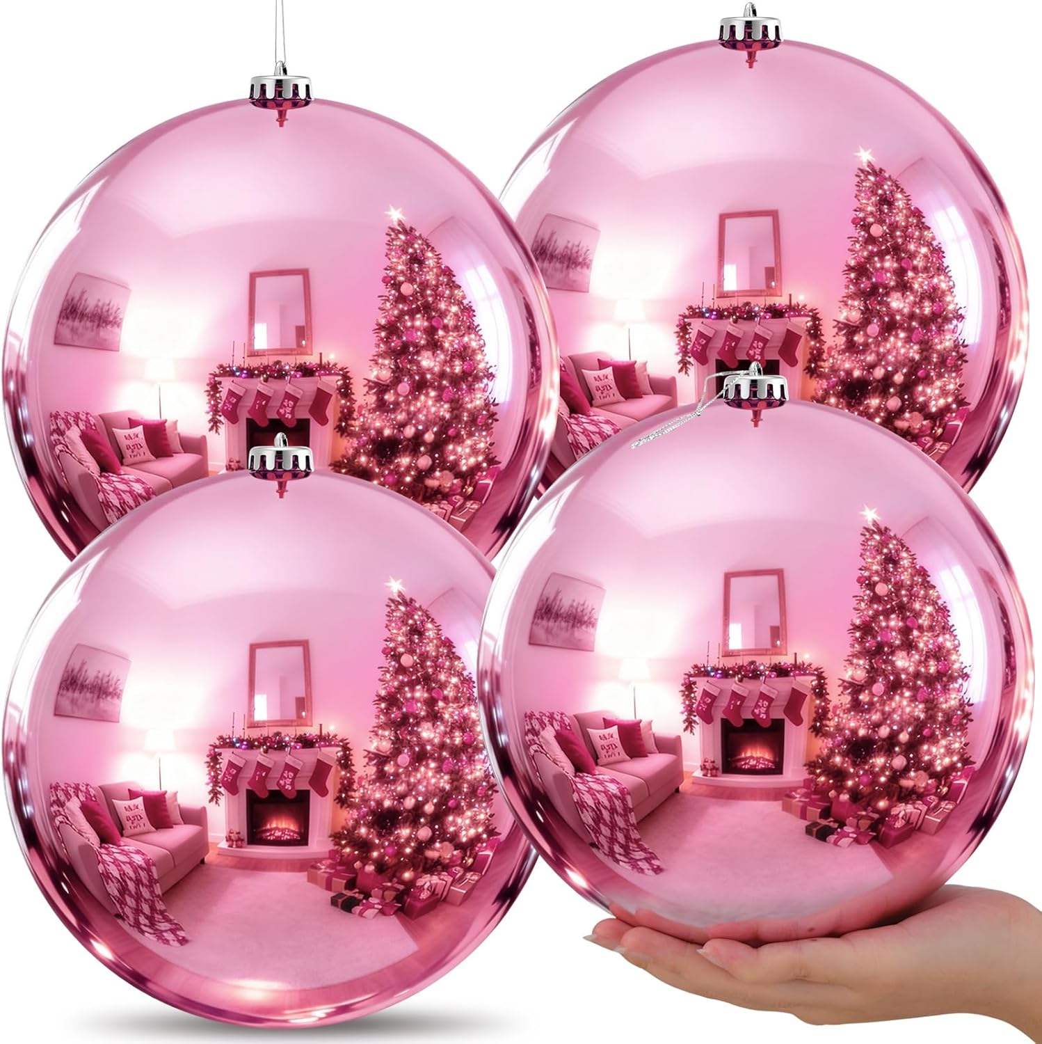 Zubebe 4 Pcs Extra Large Christmas Ball Ornaments 8'' (200 Mm) Giant Oversized Plastic Xmas Ball Big Hanging Christmas Tree Ornaments for Holiday Party Outdoor Decor(Light Pink)