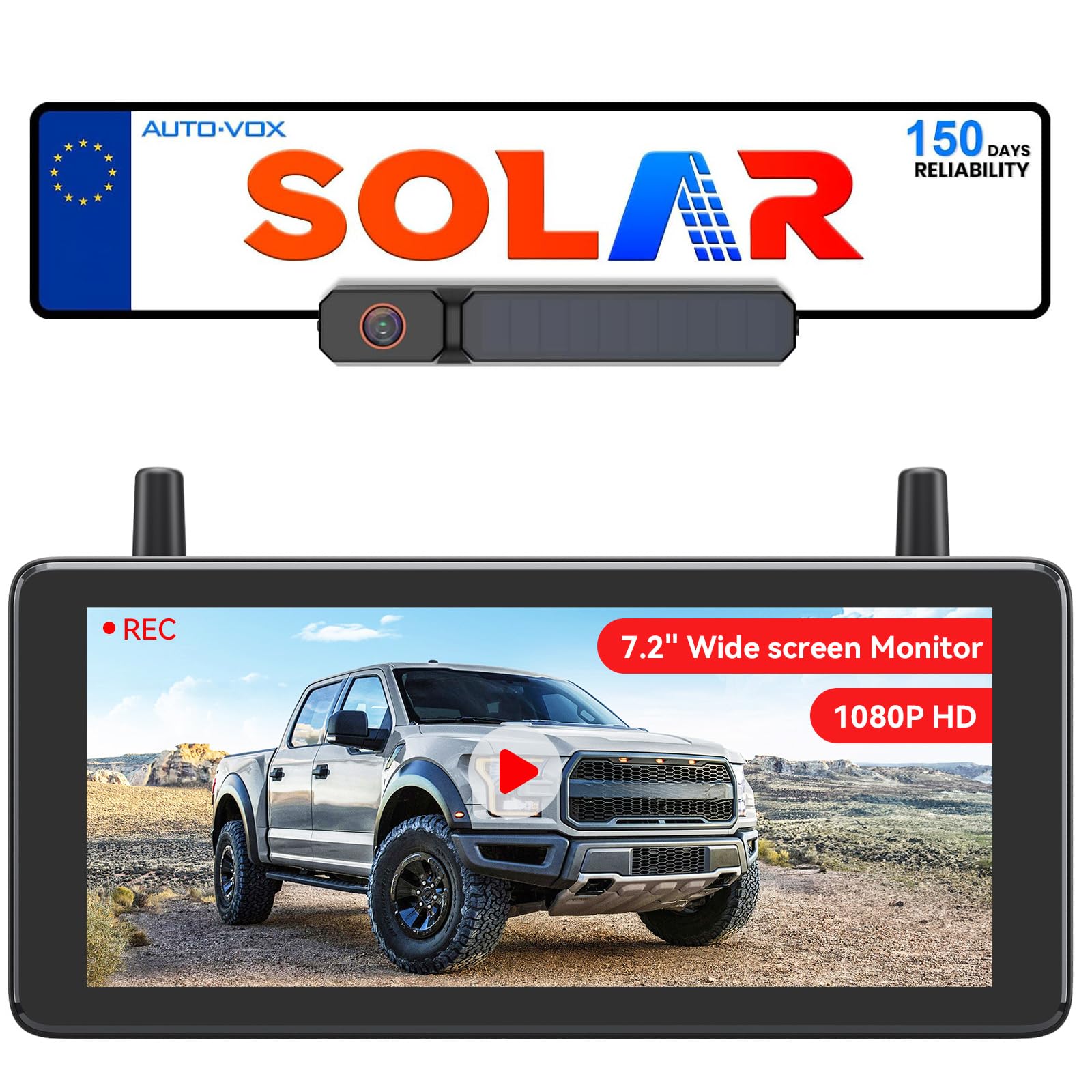 AUTO-VOX 7.2" Solar Wireless Reversing Camera with DVR Loop Recording: HD 1080P, Quick 2-Min Install, Split Screen Reverse Camera Kits for Car, Van, SUV, Truck & Motorhome