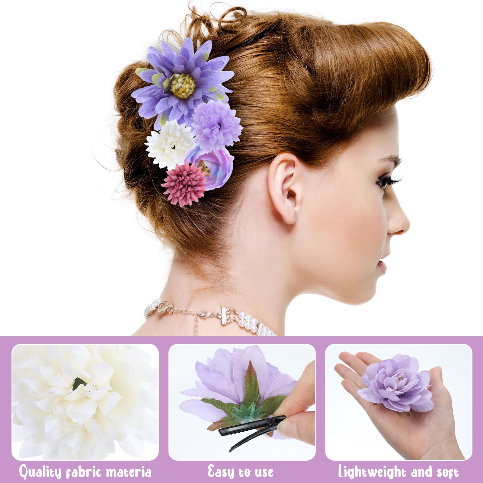 Tyqour 21 Pcs Silk Flower Hair Clips for Girls Aesthetic Flower Hair Accessories Roses Headdress Clips Boho Purple Floral Barrettes for Wedding Accessories Halloween Costumes (Purple and White) - Image 4