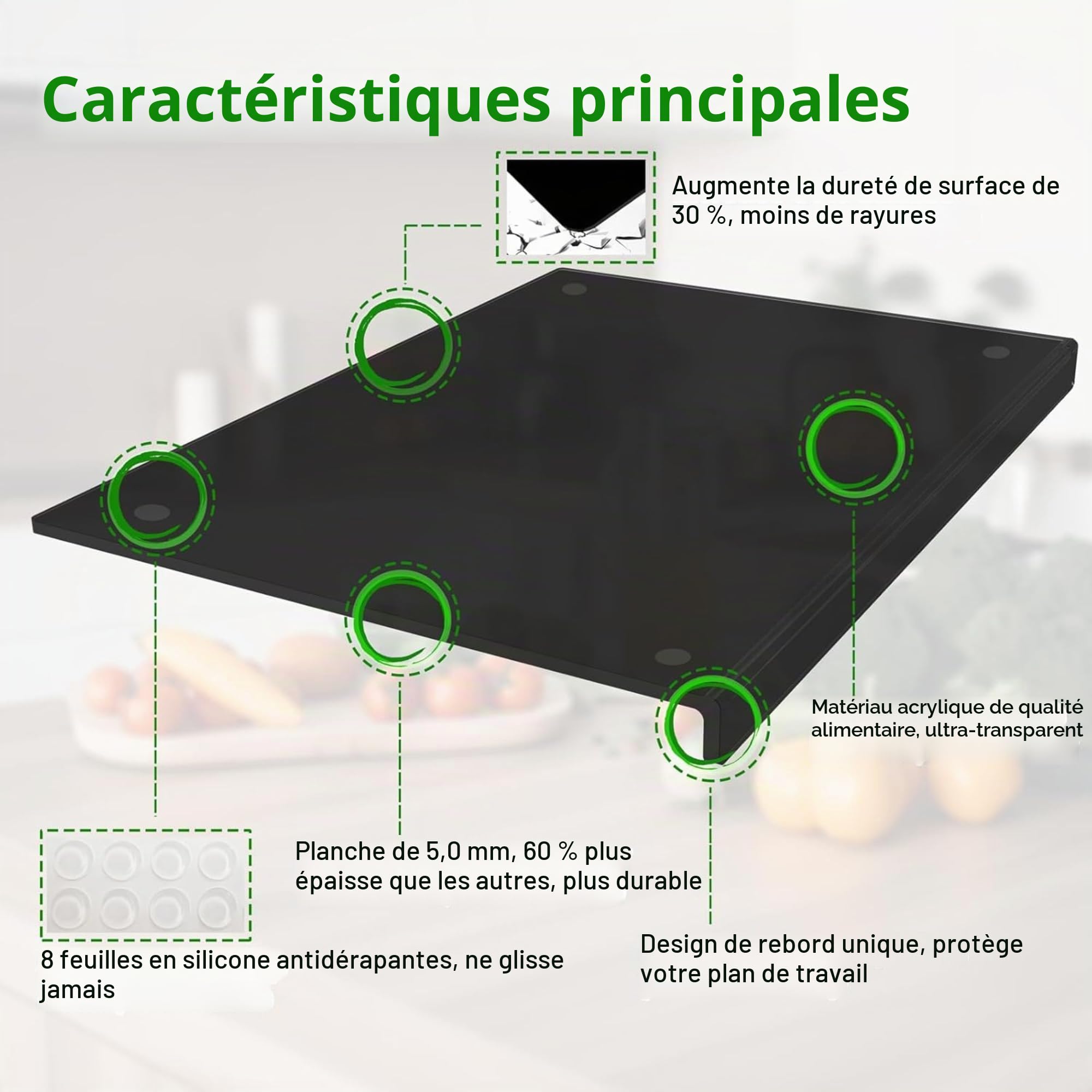 JanYoo - Planche à découper en acrylique, planches à découper pour la cuisine, bloc de découpe épais pour légumes, pain, viandes et fruits avec rebord de comptoir, plateau à découper antidérapant