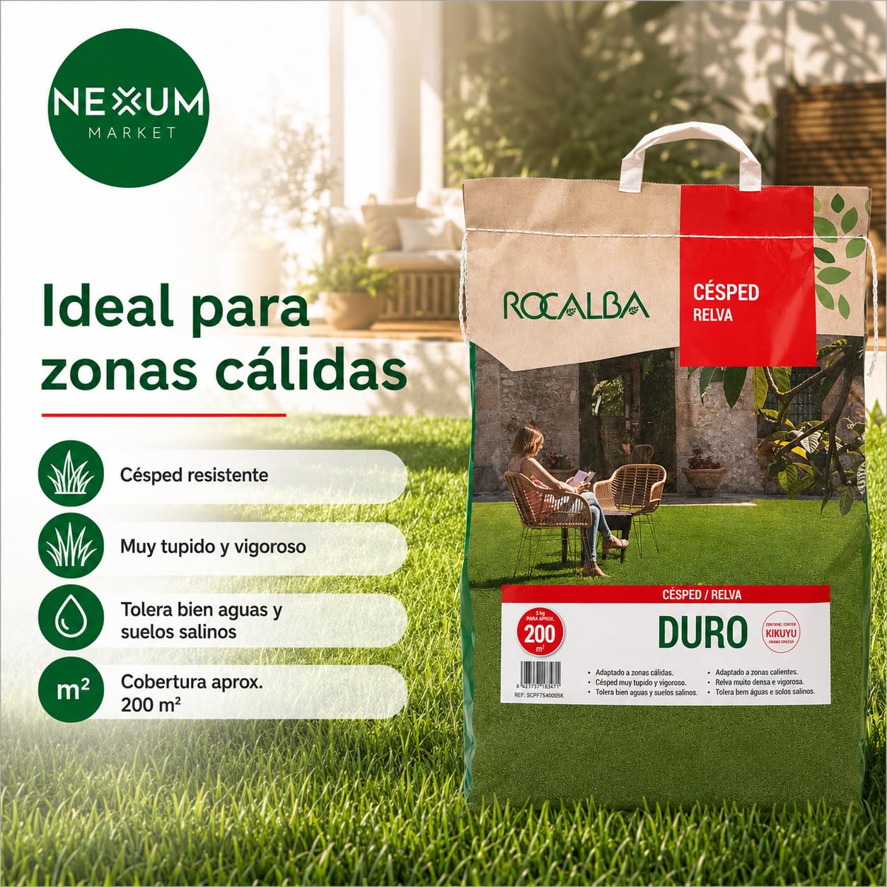 Semillas De Césped Con Kikuyu Duro Saco 5 kg – Resistente Pisoteo, Sequía y Agua Salina, Bajo Mantenimiento, Zonas Secas, Suelos Difíciles y Jardín Mediterráneo, Cobertura Hasta 200 m² | Nexum Market