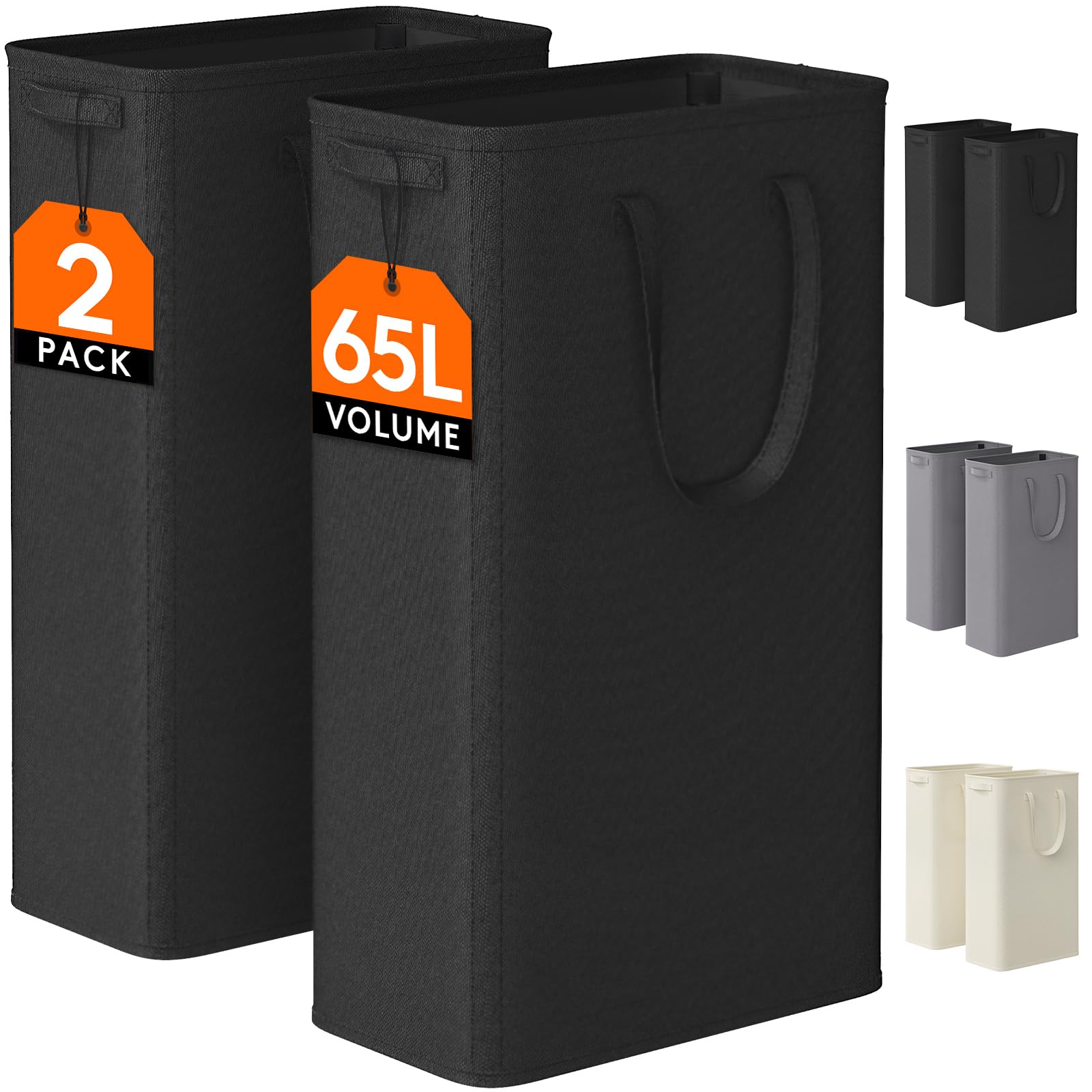 Lifewit 2 Pack Slim Laundry Hamper, Collapsible Narrow Laundry Basket, Small Tall Dirty Clothes Hampers with Handles for Bathroom Bedroom College Dorm, Black, 65L