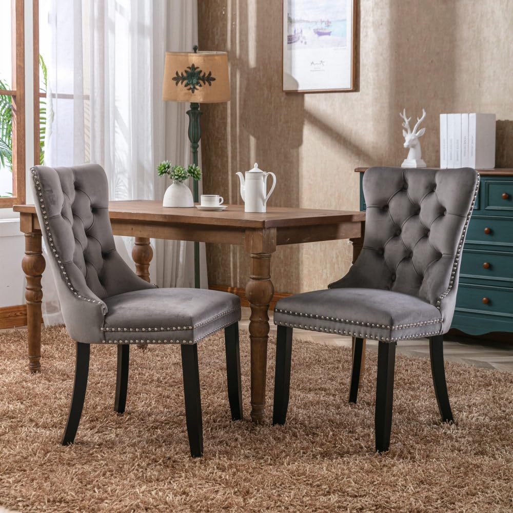 High-End Tufted Solid Wood Contemporary Velvet Upholstered Dining Chair with Wood Legs Nailhead Trim 2-Pcs Set,Gray Sw2001Gy Foam Design Rubberwood W114381117