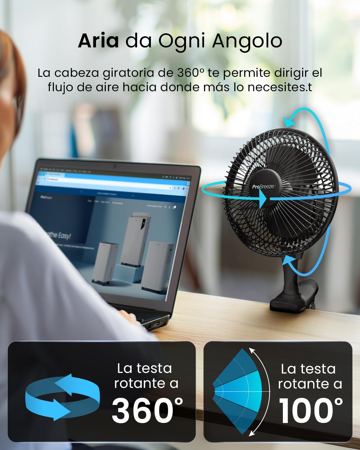Pro Breeze Ventilatore Nero con Clip– Ultra Silenzioso Ventilatore Piccolo Potente da Tavolo, 2 Velocità, Rotazione 360° e Inclinazione 100°, Ventilatore Portatile per Casa e Ufficio Scrivania, 15W
