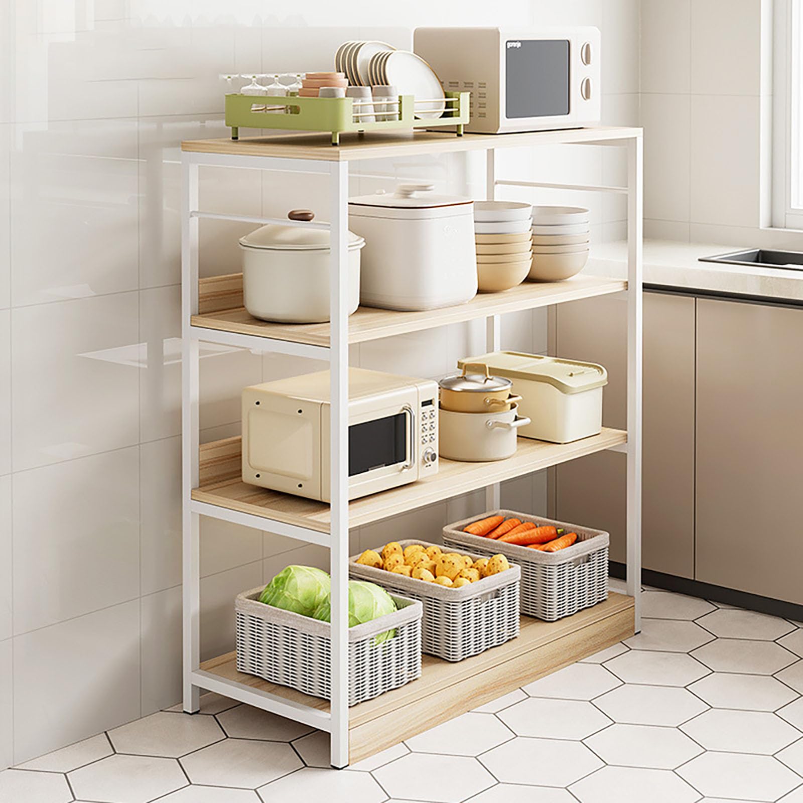 Meuble micro-ondes et organisateur de rangement chic en bois d'érable et cerisier