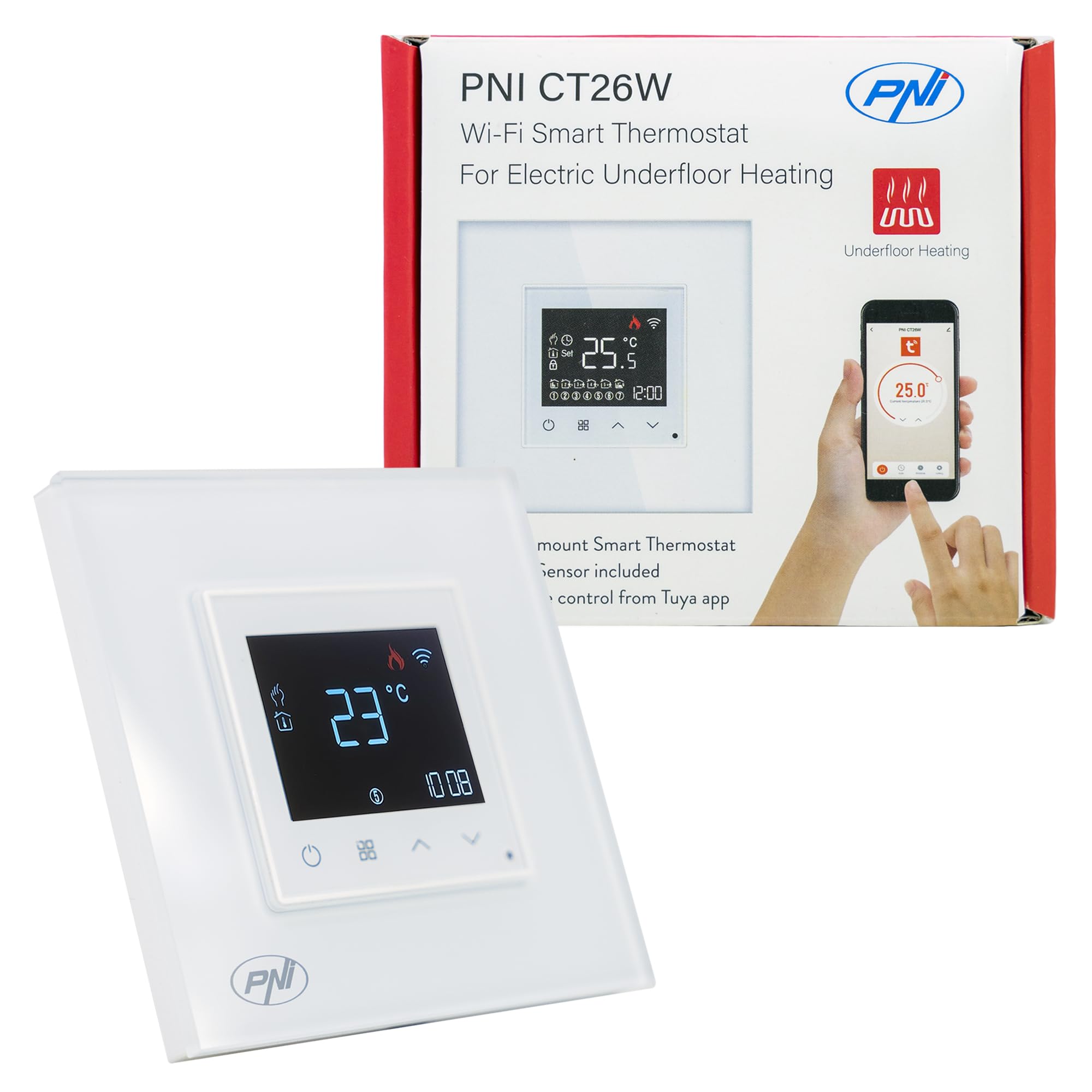 Inteligentny termostat PNI CT26W WiFi elektryczne ogrzewanie podłogowe lub grupa pompująca, czujnik podłogowy w zestawie, montaż wpuszczany, sterowanie z aplikacji Tuya Smart, codzienne programowanie,