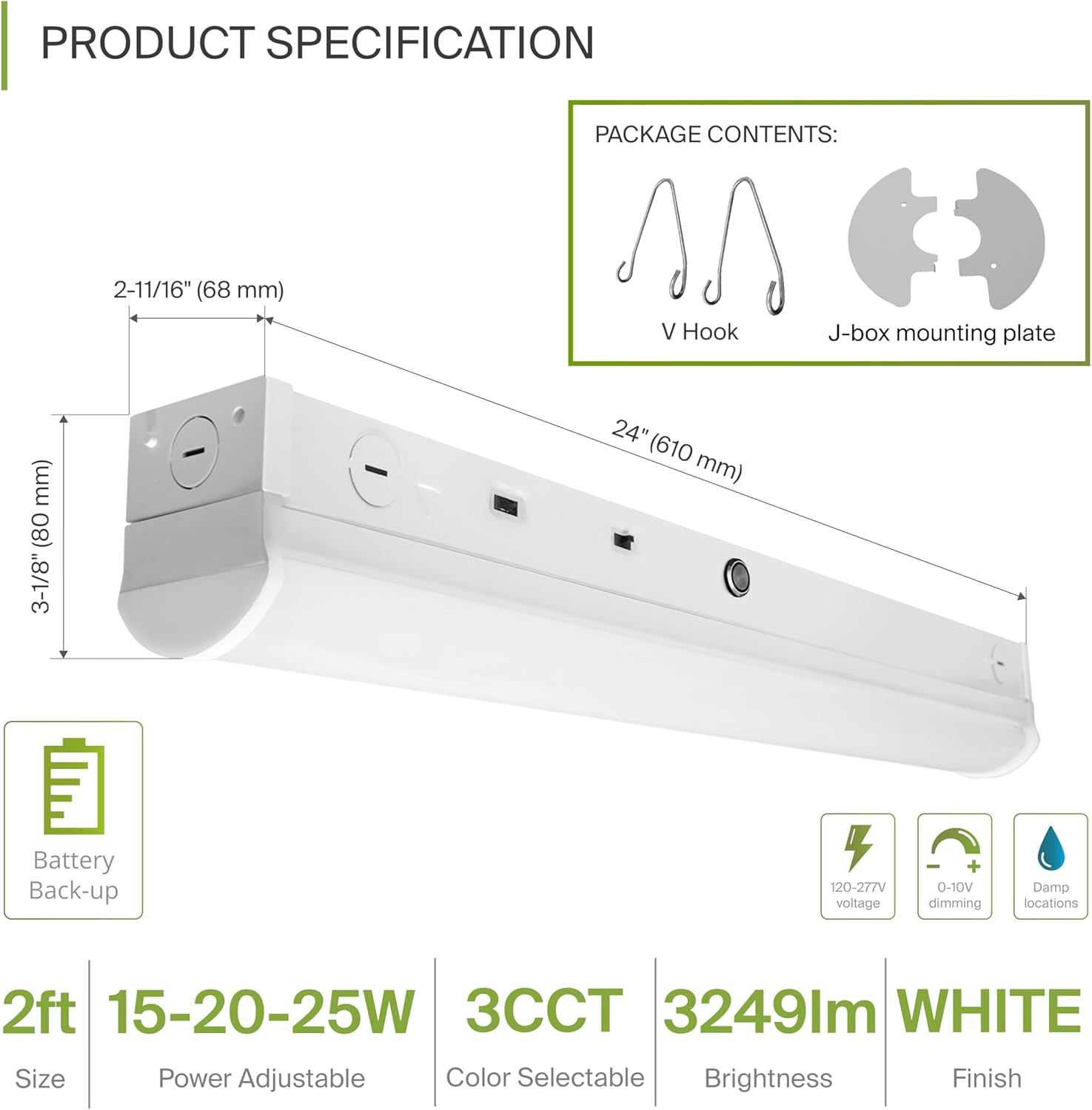 ASD 2ft LED Linear Strip Light Fixture with Emergency Battery Backup - 15W-25W 3249LM Linkable LED Shop Light - 3000K-5000K Adjustable Dimmable Commercial Ceiling Fixture - UL DLC