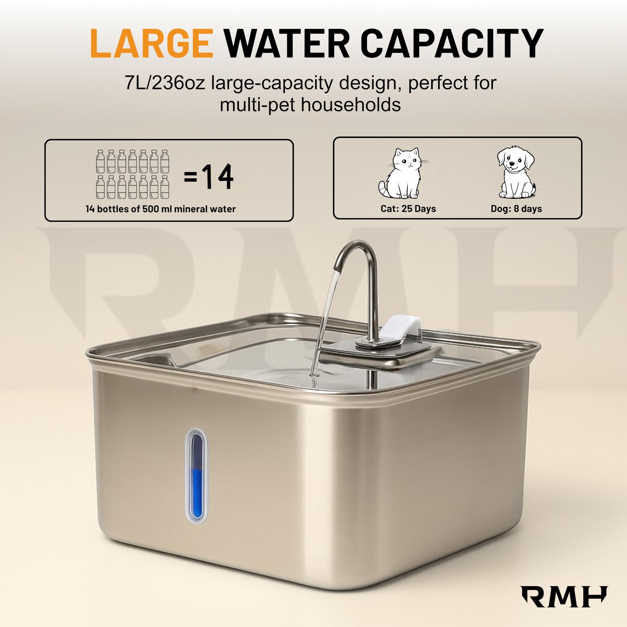 RMH 7L Stainless Steel Dog & Cat Water Fountain with Large Waterproof Mat – Automatic Pet Drinking Fountain for Large Dogs & Multi-Pet Homes, Quiet Pump, 3-Stage Filtration, LED Water Window - image 3