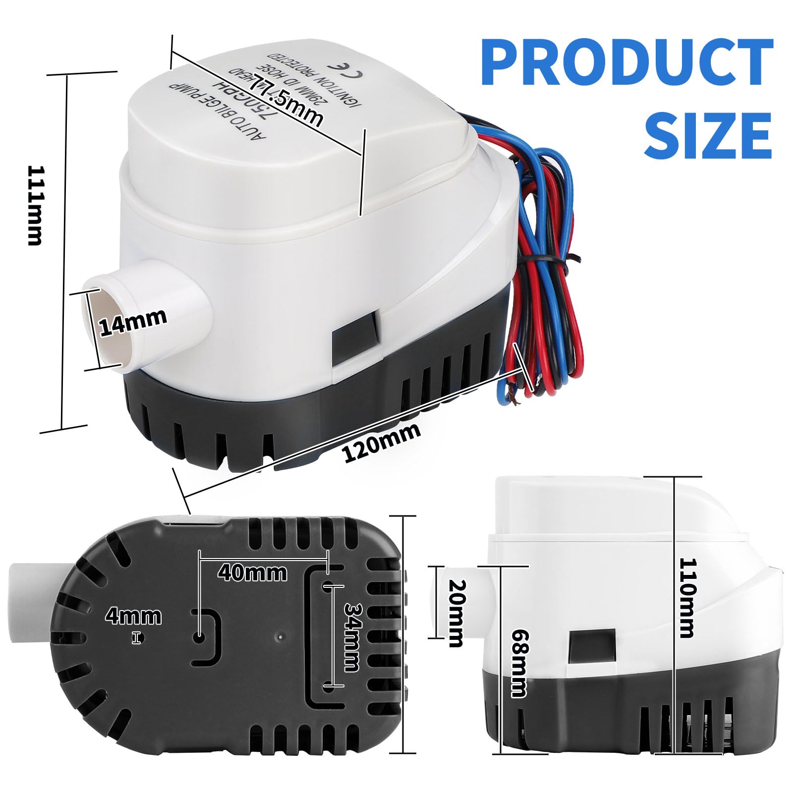 DBREAKS Pompa di Sentina Automatica, 12V Barca Pompa di Sentina con Galleggiante, 750GPH/47LPM Sommergibile Pompa Elettrica dell'Acqua, Silenziosa Pompa Acqua per Barche, Stagni, Piscine(Nero)