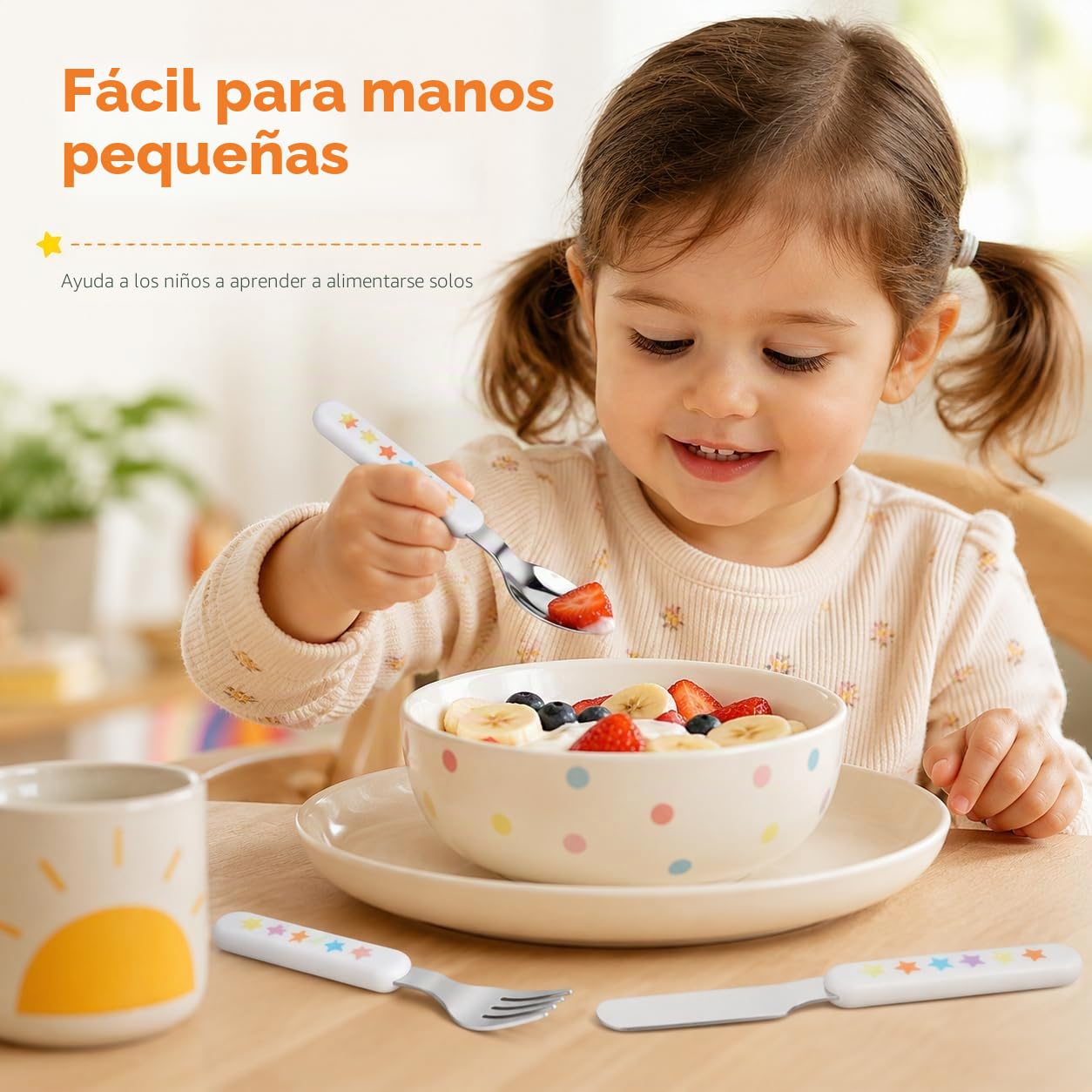Exzact Cubiertos Infantiles 6 Piezas de Acero Inoxidable 18/10-2 x Tenedores, 2 x Cuchillos de Seguridad, 2 x cucharas, Mango de plástico, Cubertería Infantil sin BPA - Estrellas y Puntos