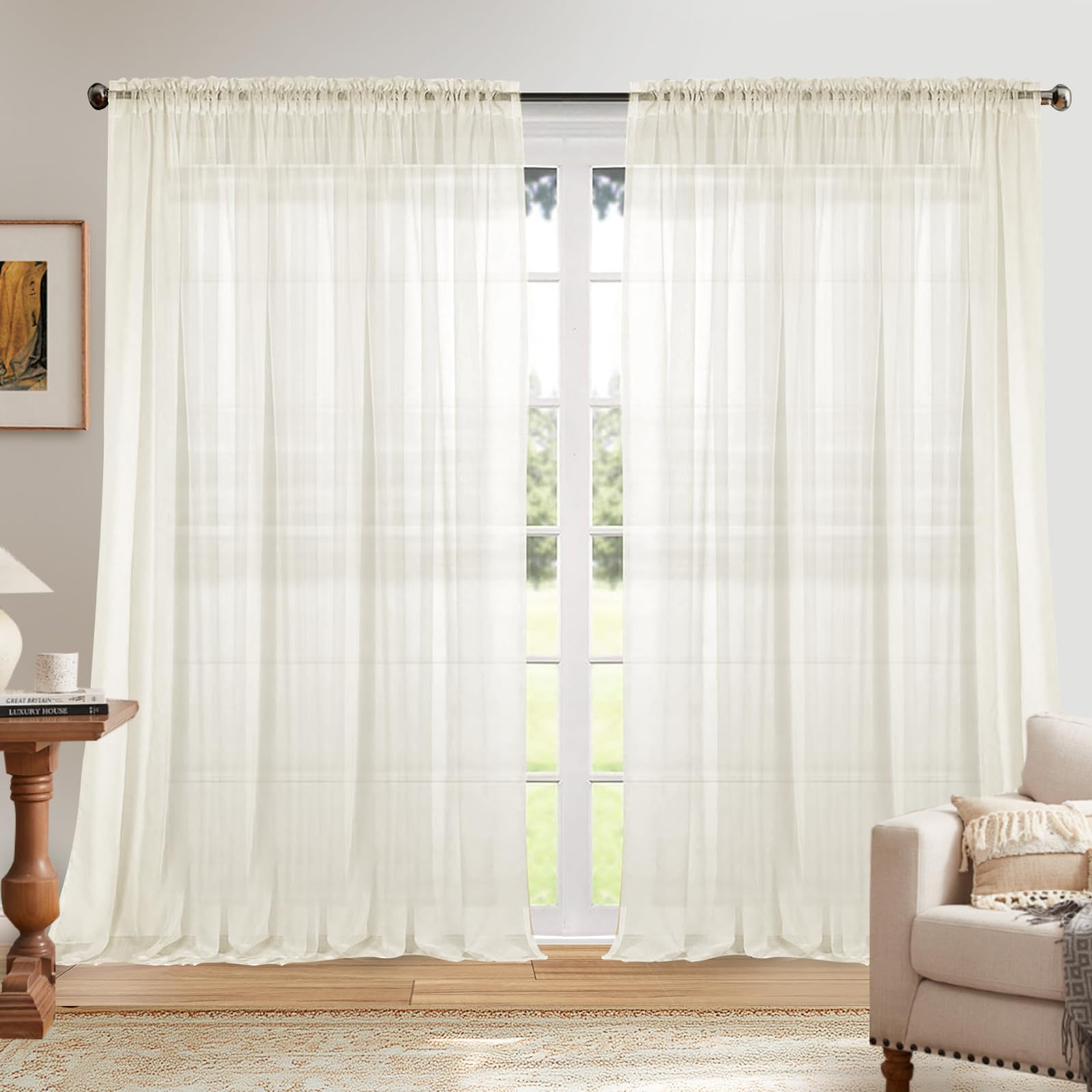 Dreaming Casa Solid Sheer Curtains 84 Inches Long Ivory Rod Pocket Voile Draperies for Bedroom Living Room, 2 Panels, Each 100" W x 84" L