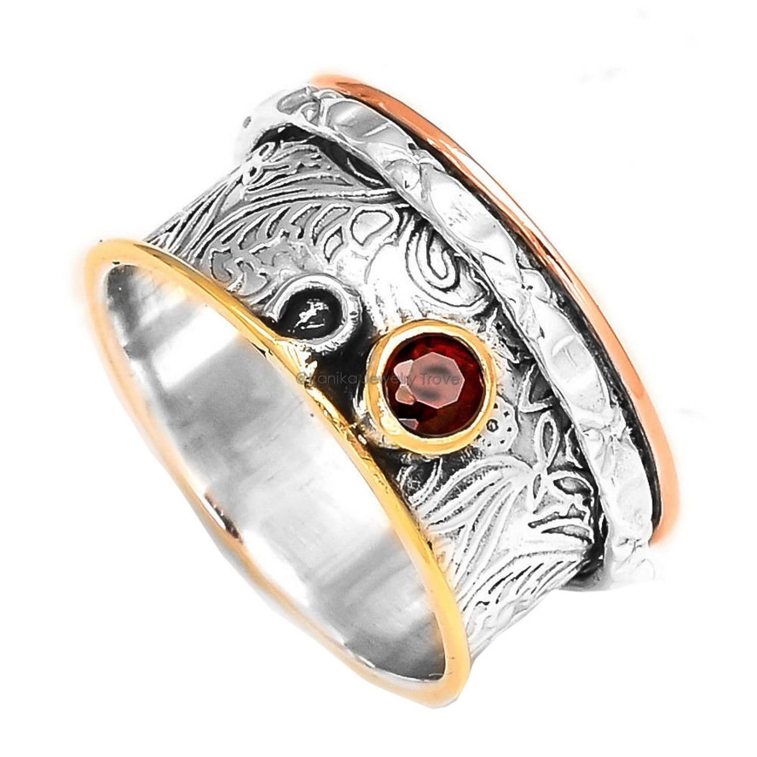 Blume Textur Spinner Ring 925 Sterling Silber Strukturierter Granat Herren Spinner Ring, Breitbandring, Angstring, Frauenring, Daumenring, Personalisierter Ring Muttertagsgeschenk (Granat, Größe 7)