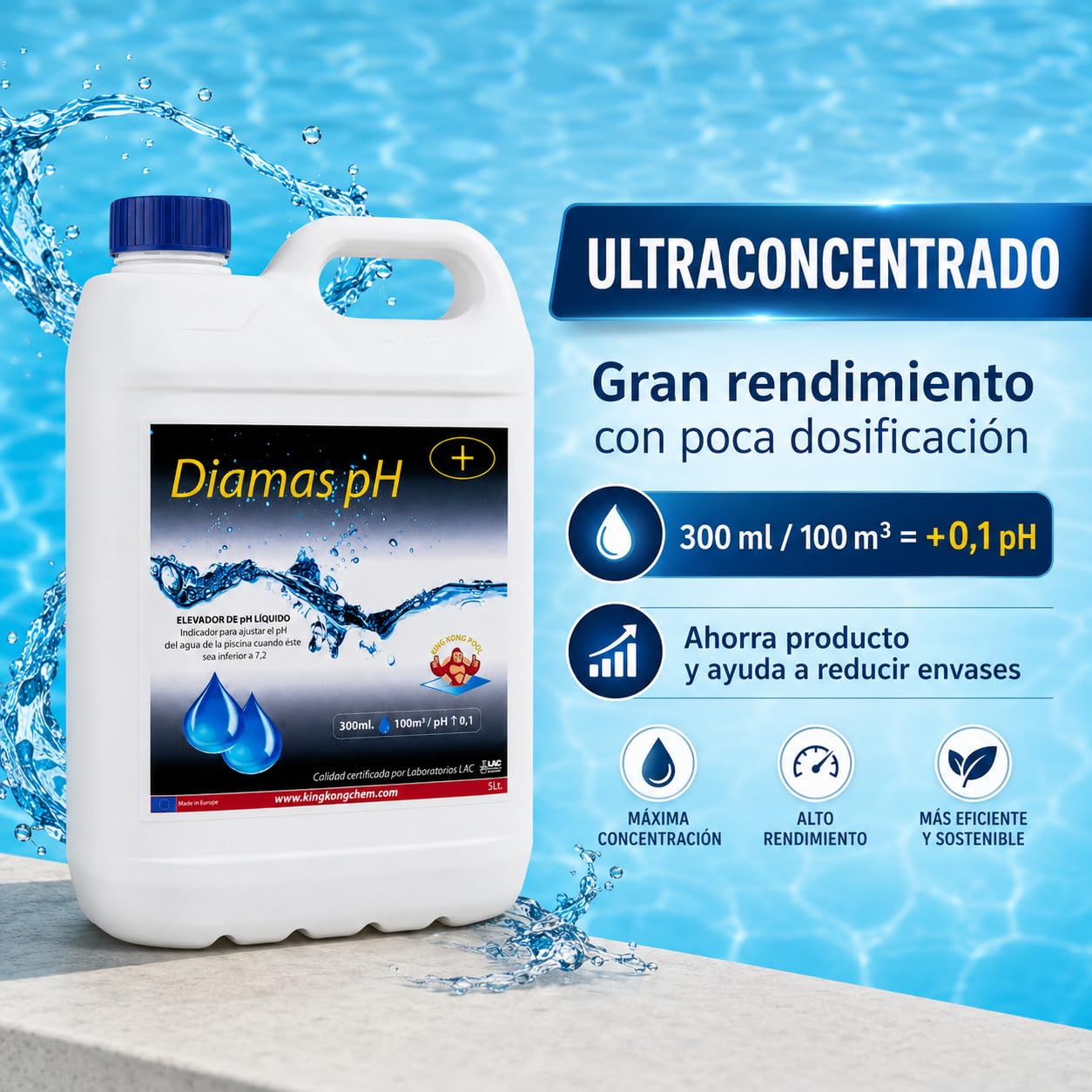 Incrementador de pH Concentrado para Piscinas DIAMAS PH 5 litros - Aumenta el pH del Agua – Formato Líquido