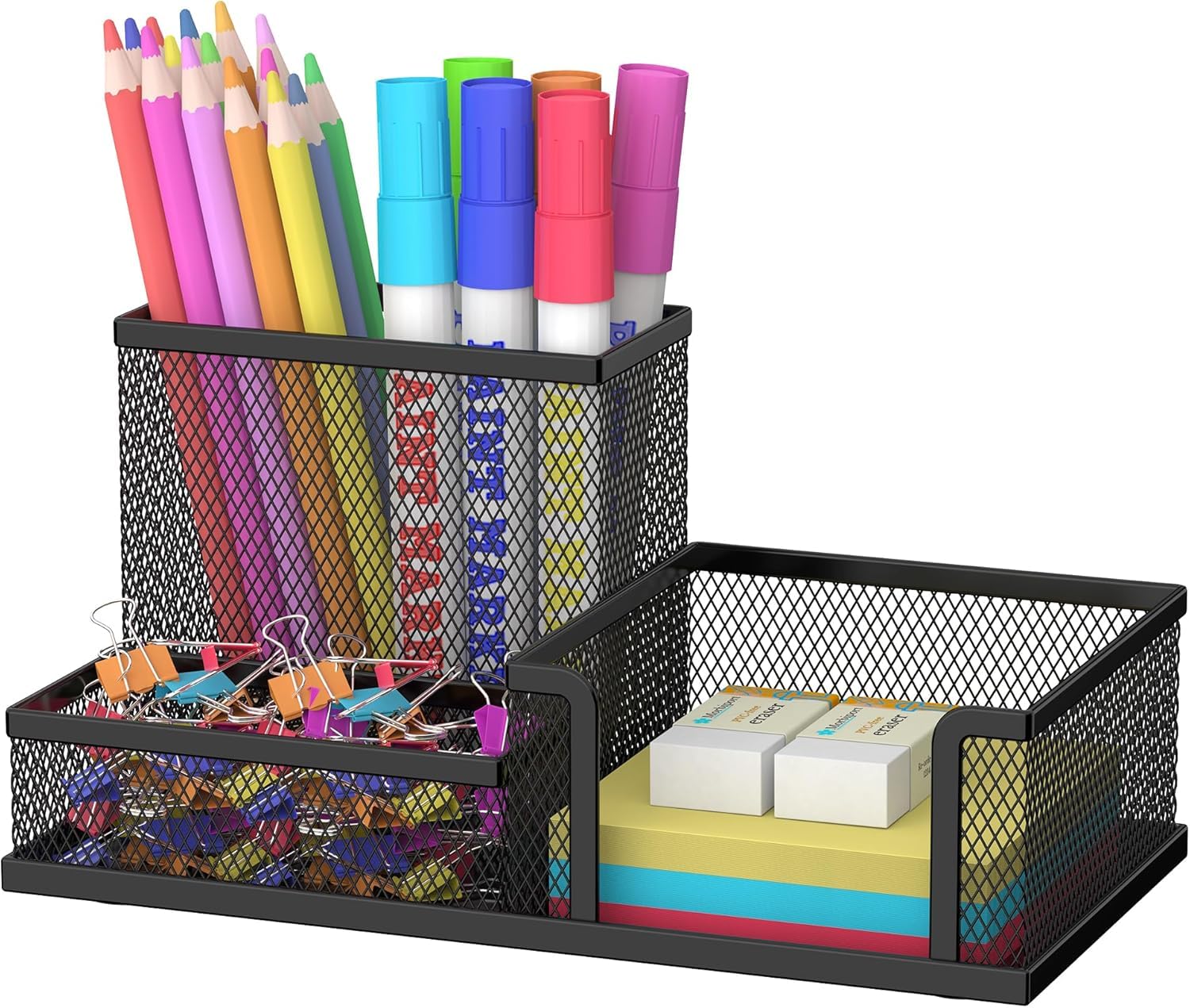 Mesh Desk Organiser Metal Stationery Organizer Black 3-Compartment Pen & Memo Holder Office Desk Tidy Organisers for Stationery, Sticky Notes & Classroom Accessories