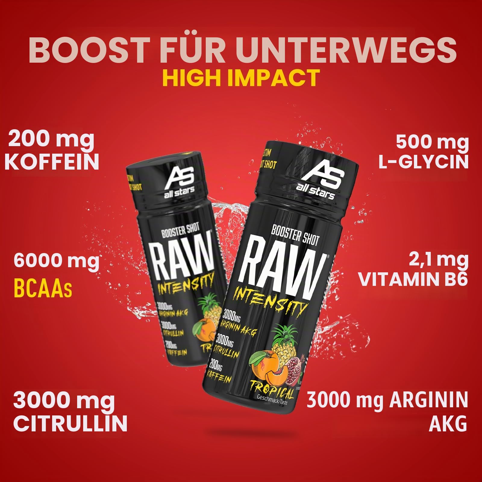 ALL STARS RAW Intensity Pre-Workout Booster Shot 16 x 60ml Tropical | Trainings-Drink mit 200mg Koffein & wertvollen Aminosäuren, enthält 14.600mg BCAAs, fett- und zuckerarm