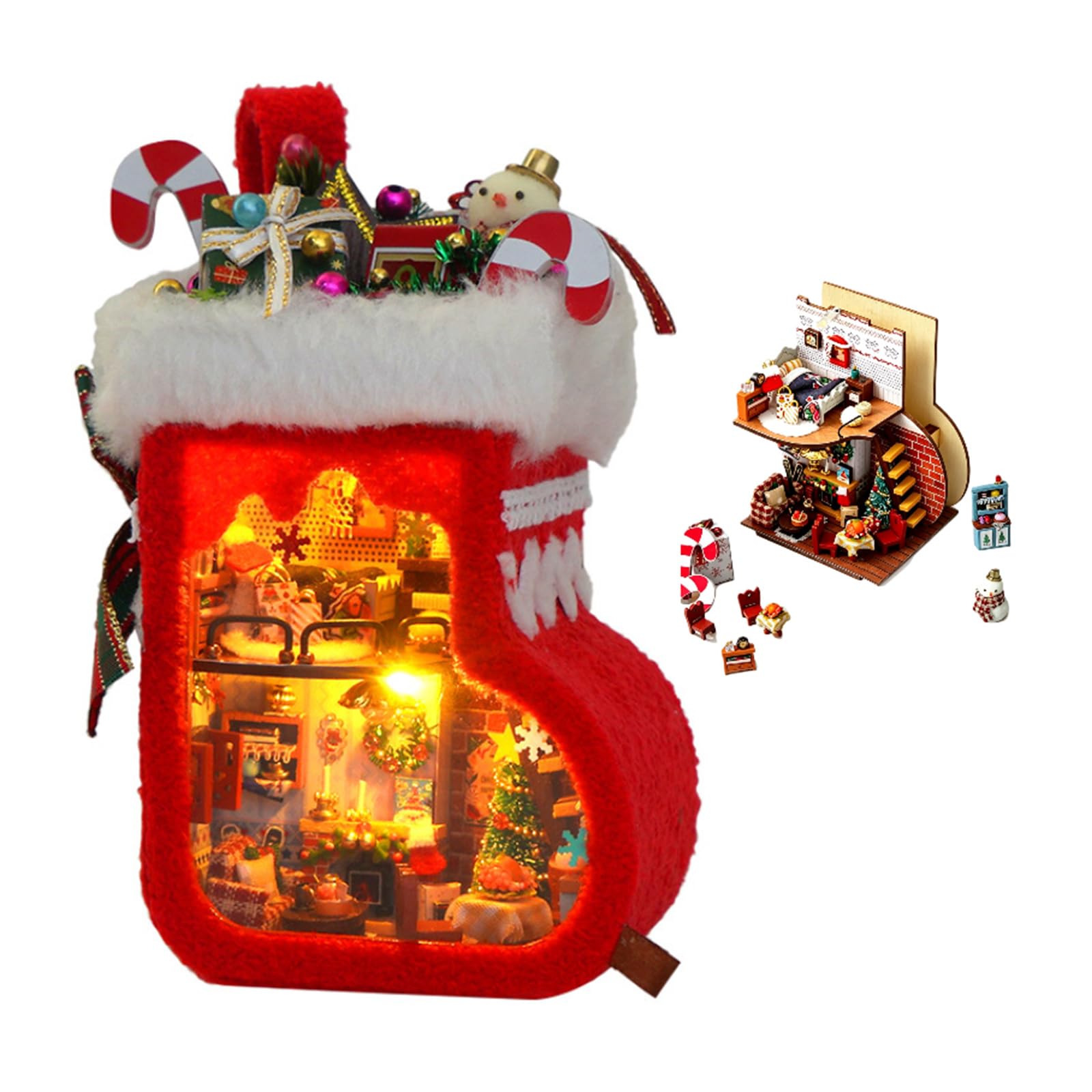Christmas DIY Miniature House Kit, 1:24 ScaleStocking-shaped Mini House Model Kit for Adults, 3D Wooden Puzzle Miniature Dollhouse, Christmas Dolls House Decor,Gifts for Family and Friends