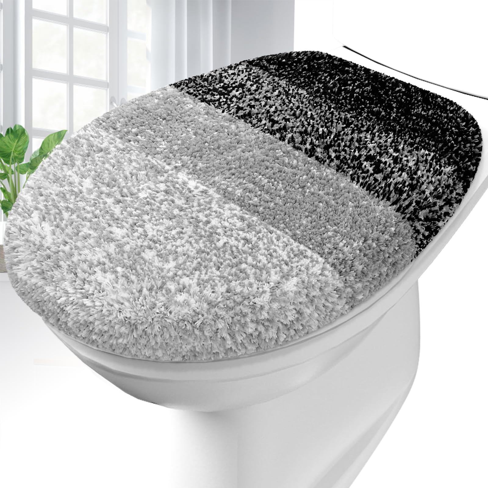 OLANLY Soft Microfiber Bathroom Toilet Lid Cover, Machine Washable Covers, 17.5x15, Stays in Place Rubber Backing, Fits Most Round, Elongated and Oblong Lids, Accessories Decor, Black