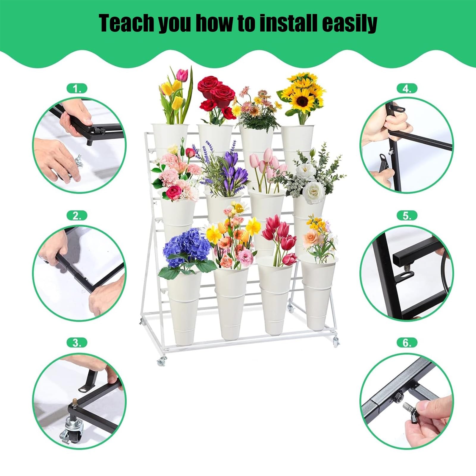 Espositore per fiori in metallo con ruote, scaffale floreale a 3 livelli per piante a 12 secchi, ideale per giardino, patio, eventi, matrimoni e vetrine di decorazioni per la casa