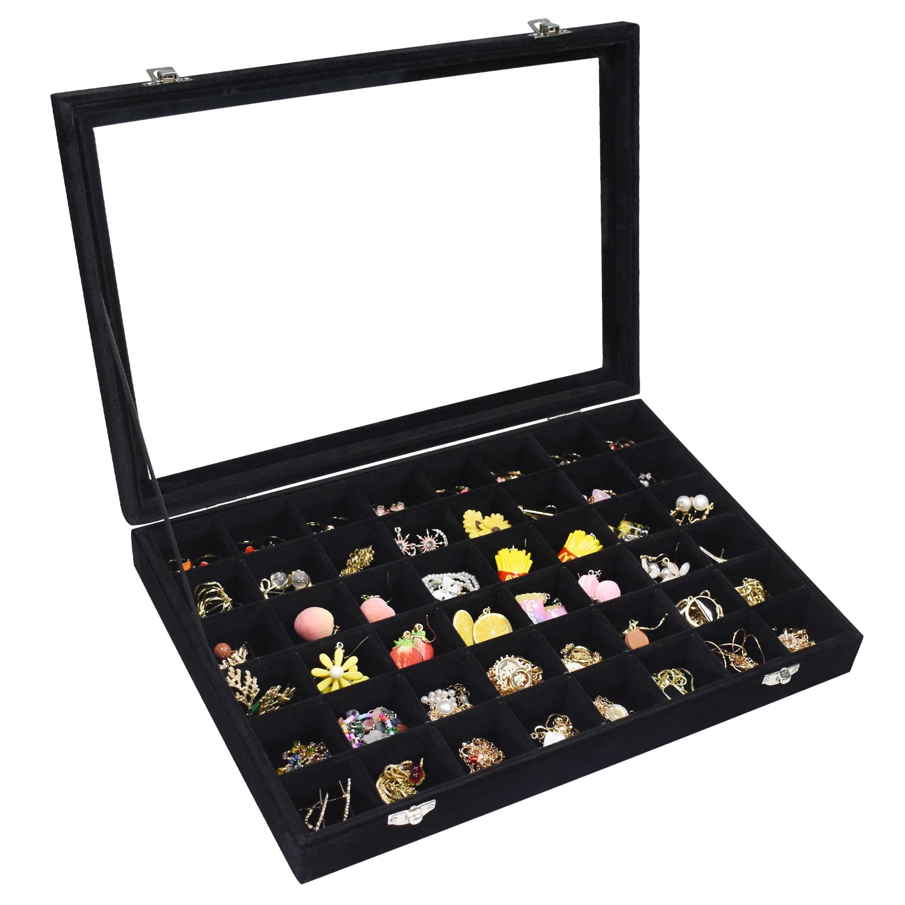 Velvet Jewelry Tray 48 Compartments Jewelry Display Organizer with Transparent Cover Rings Earrings Necklaces Pendants Storage Box for