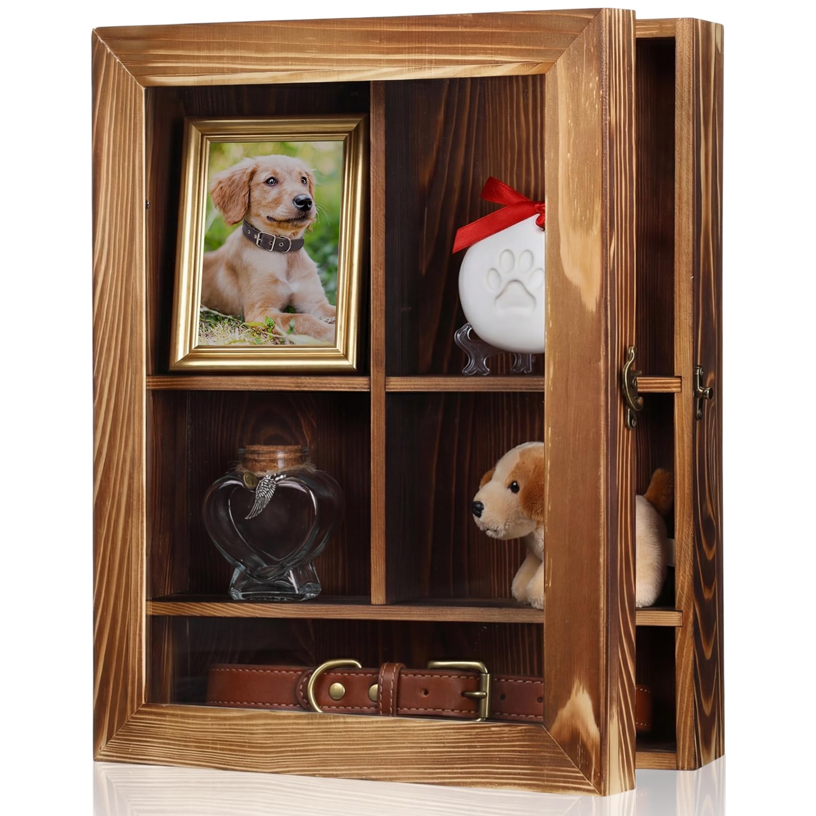 Photo 1 of Ripeng Wood Color Pet Memorial Shadow Box with Heart Glass Bottle 14 x 11 in Dog Paw Print Clay Keepsake Display Frame for Lost Pet Memorial Gift Kit for Dogs Lover Owners Loss of Dog Death Sympathy