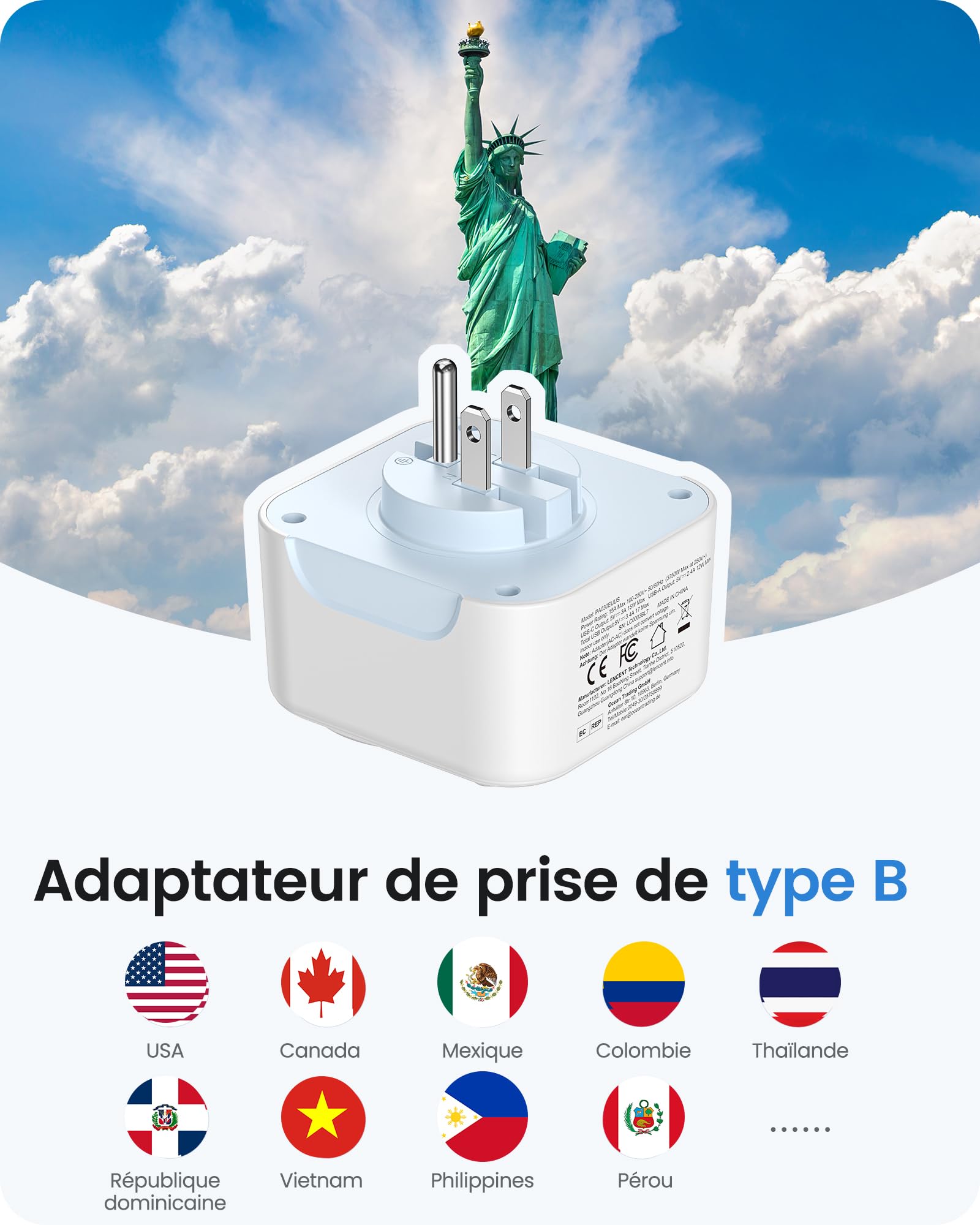 LENCENT Adaptateur Prise USA Adaptateur Prise Canada Americaine US avec USB C Adaptateur de Voyage Type B Adapter Chargeur pour États-Unis New York Canada Mexique Thailande Republique Dominicaine