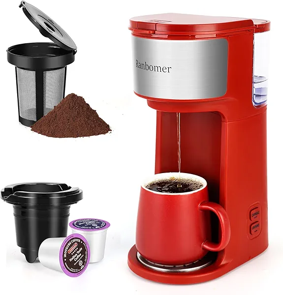 Ranbomer K Cup Coffee Maker. Pod Coffee Machine 14 Oz，Ground Coffee Maker (Glassic Red)