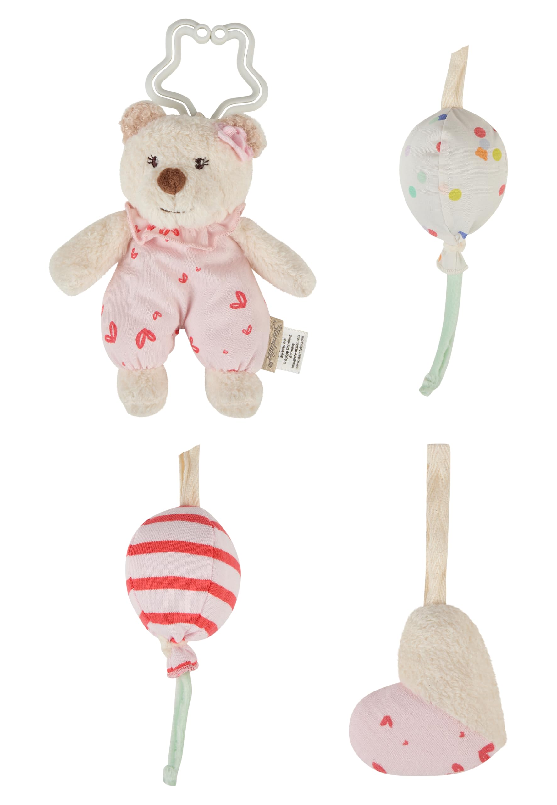 Sterntaler Spielbogen Bär Betty, Spielbogen mit Patchwork-Design, Stickmotive, Beißring, Spiegel, Rassel, Quietsche und Knisterpapier, abnehmbarer Bogen und Spielteile, wattiert, 100×80×3 cm, rosa